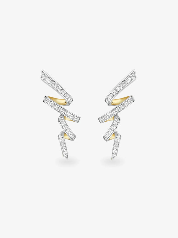 Baguette Cut Diamond Swirl Ribbon Earrings, Two-Tone Gold Spiral Drop Earrings