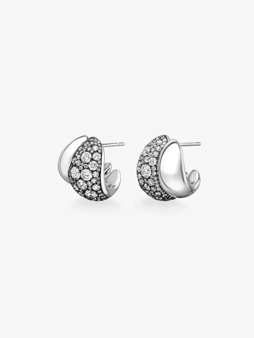 Pave Diamond Sculptural Huggie Hoop Earrings, Modern Organic Wave Silver Earrings