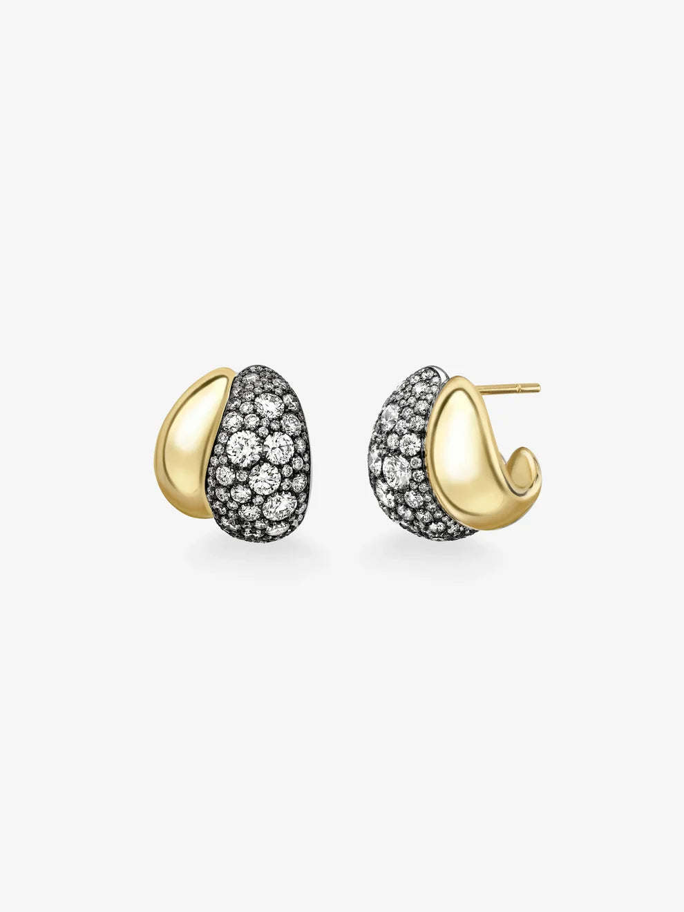 Pavé Diamond and Polished Gold Curved Huggie Earrings