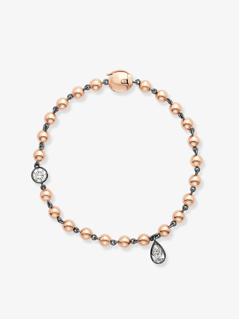 Rose Gold Bead Station Bracelet, Pear Cut Diamond Charm Bracelet, Blackened Gold Accent Fine Jewelry