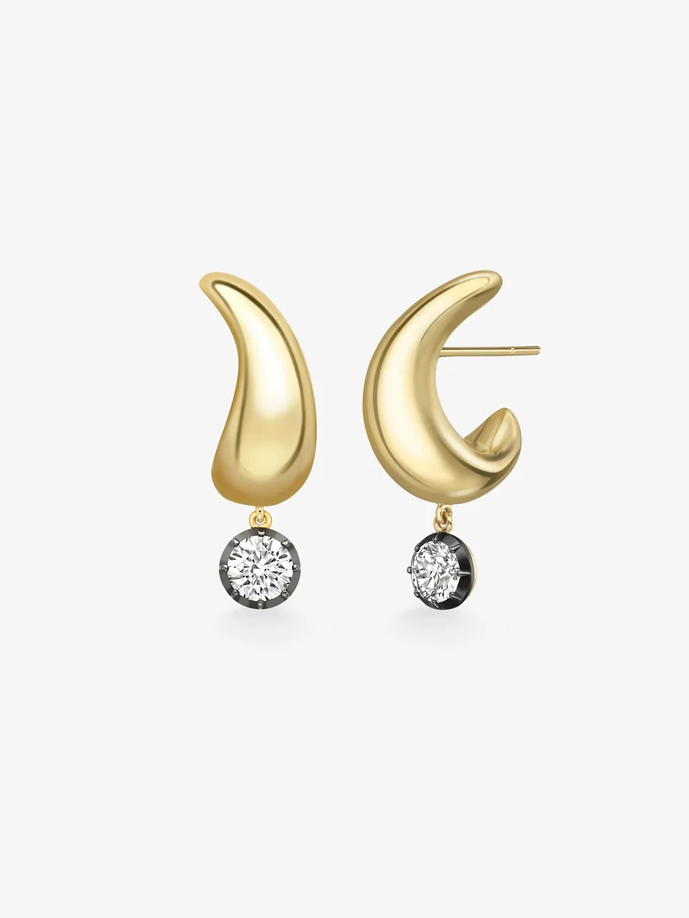 Round Cut Lab Grown Diamond Sculptural Curve Earrings, Gold Flame Charm Drop Earrings