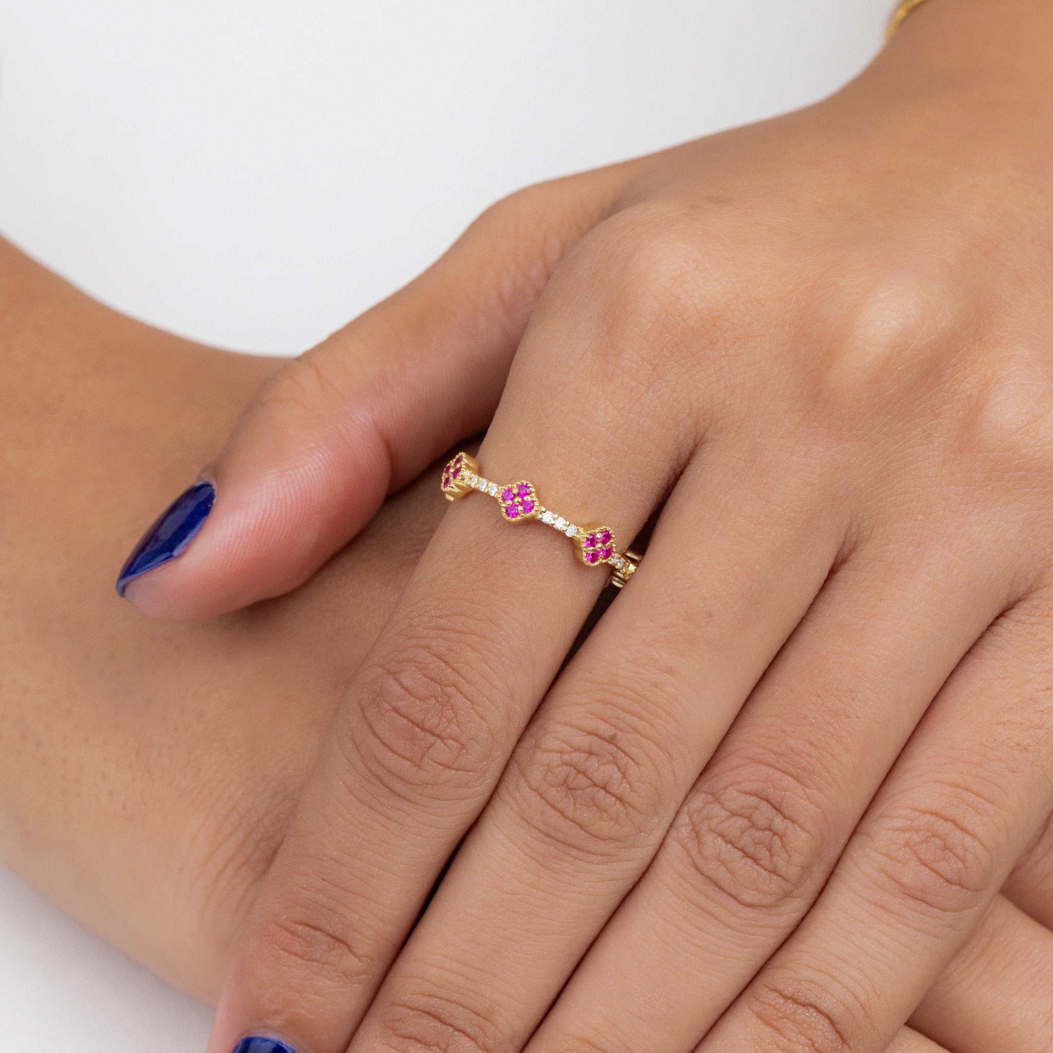 Ruby and Lab Grown Diamond Clover Eternity Band, Quatrefoil Floral Wedding Ring
