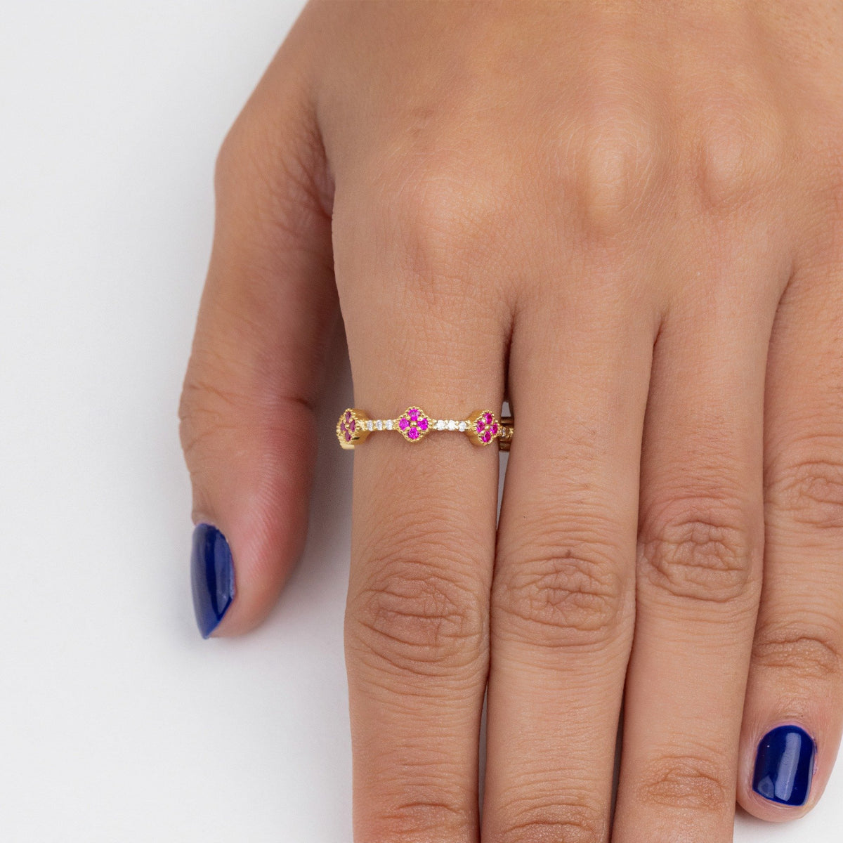 Ruby and Lab Grown Diamond Clover Eternity Band, Quatrefoil Floral Wedding Ring