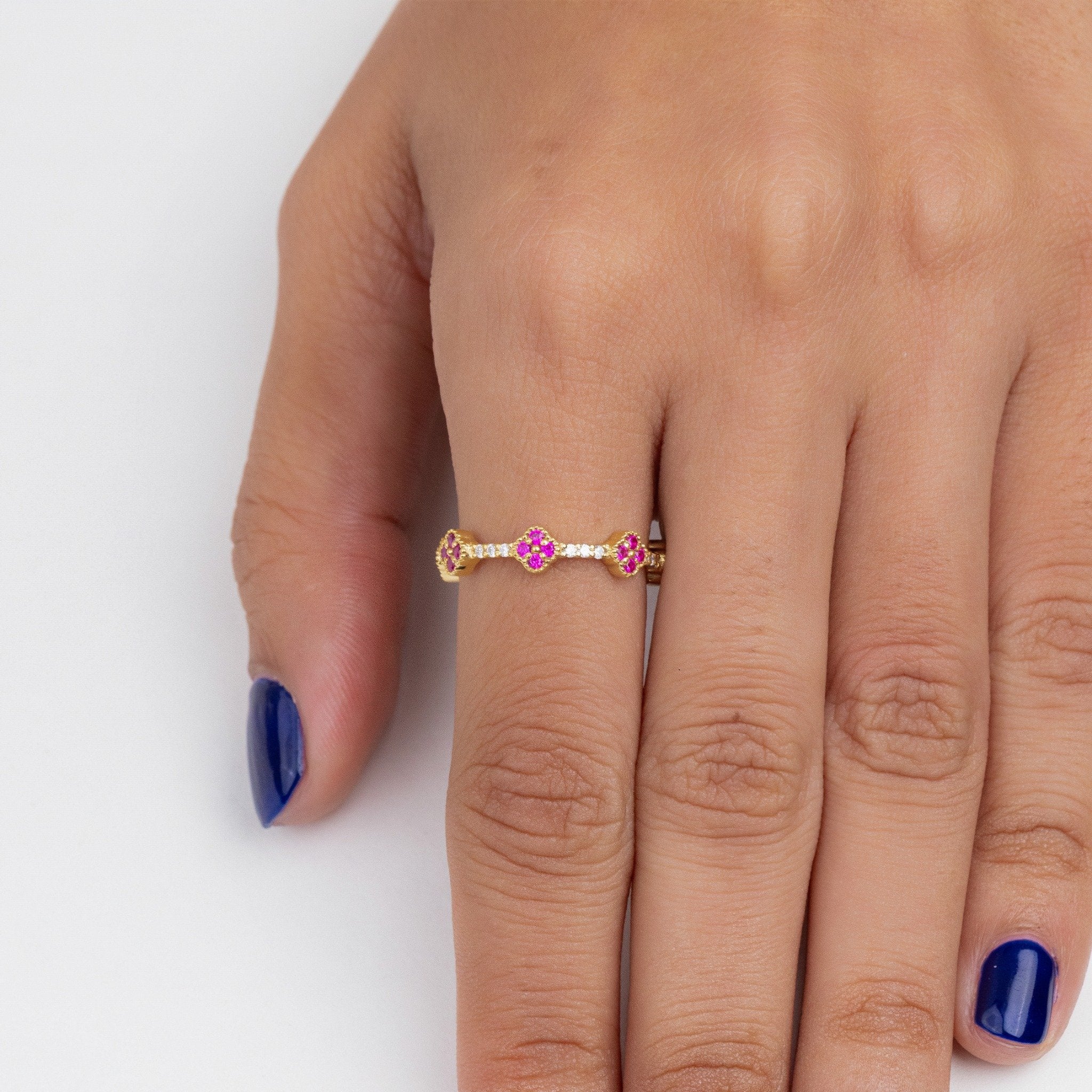 Ruby and Lab Grown Diamond Clover Eternity Band, Quatrefoil Floral Wedding Ring