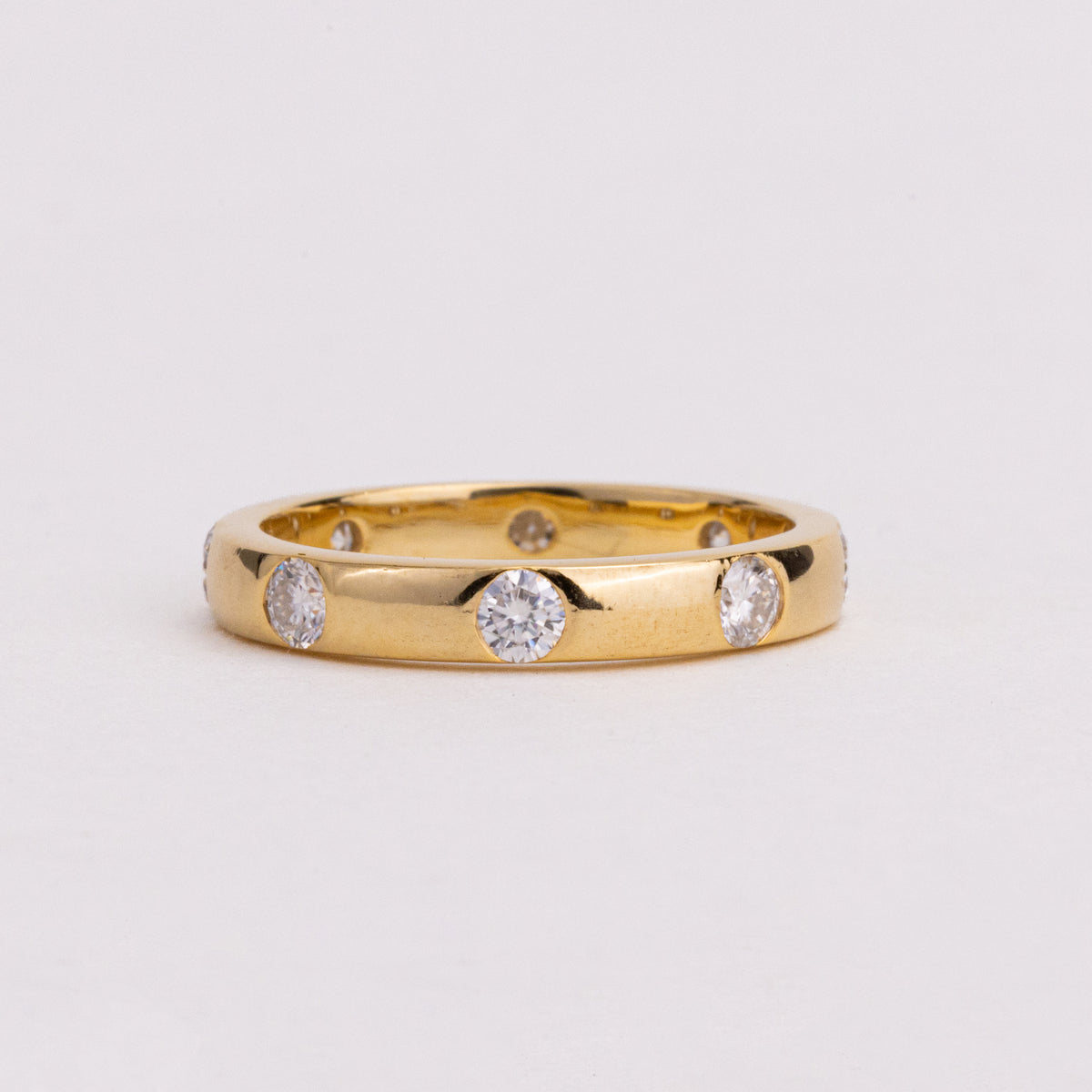 Flush Set Round Lab Grown Diamond Wedding Band, Wide Yellow Gold Ring