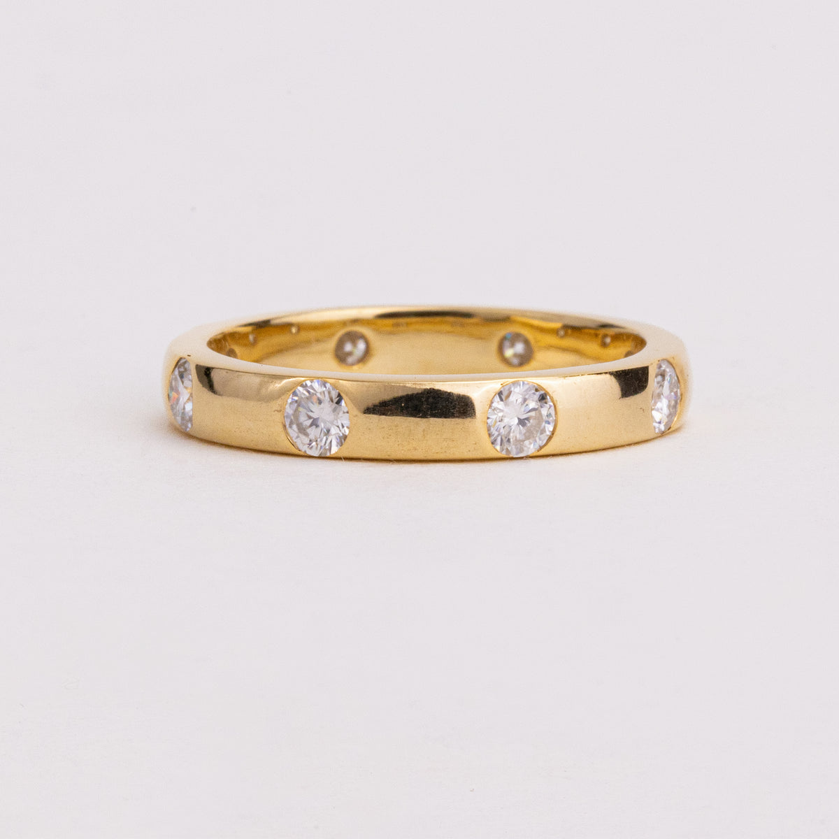 Flush Set Round Lab Grown Diamond Wedding Band, Wide Yellow Gold Ring