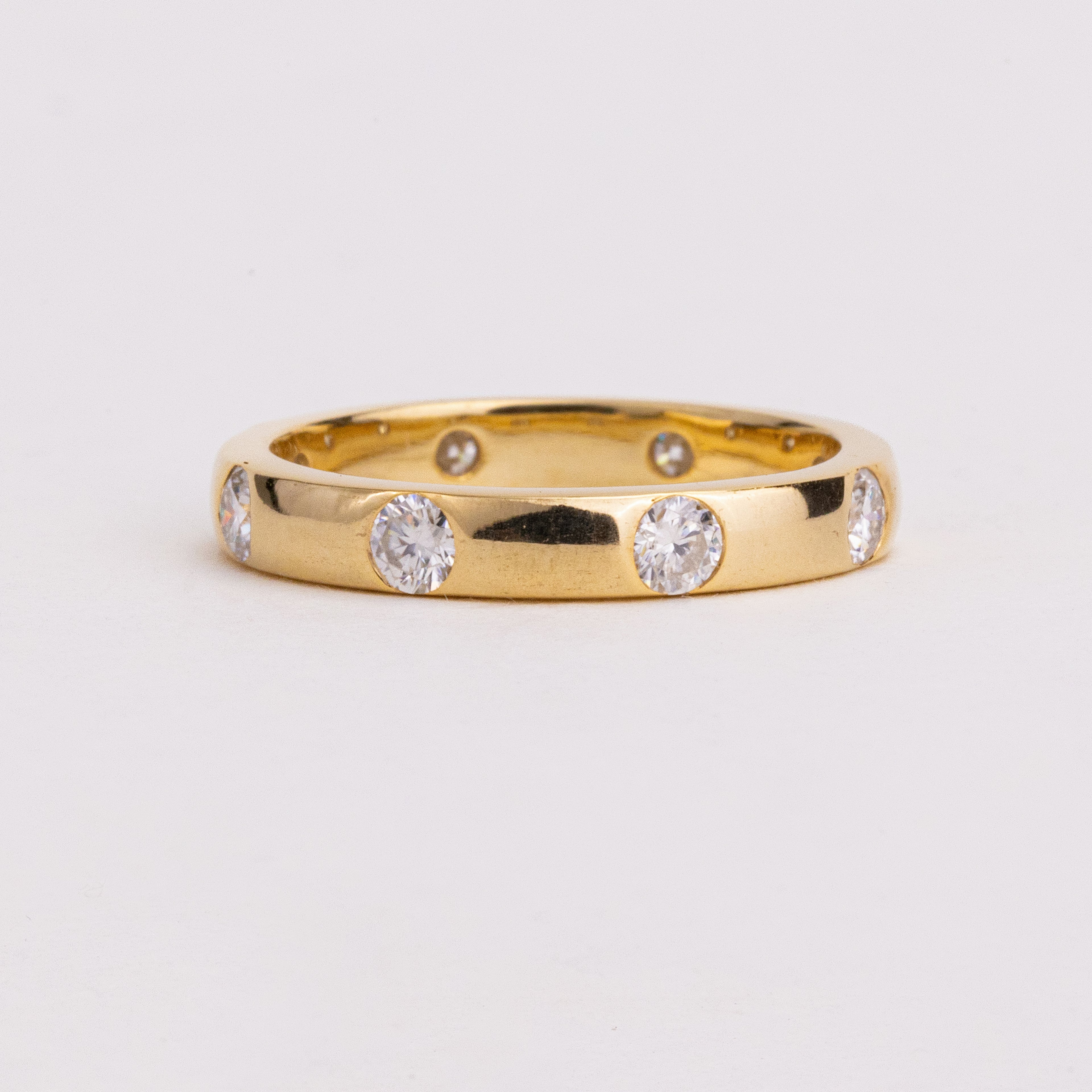 Flush Set Round Lab Grown Diamond Wedding Band, Wide Yellow Gold Ring