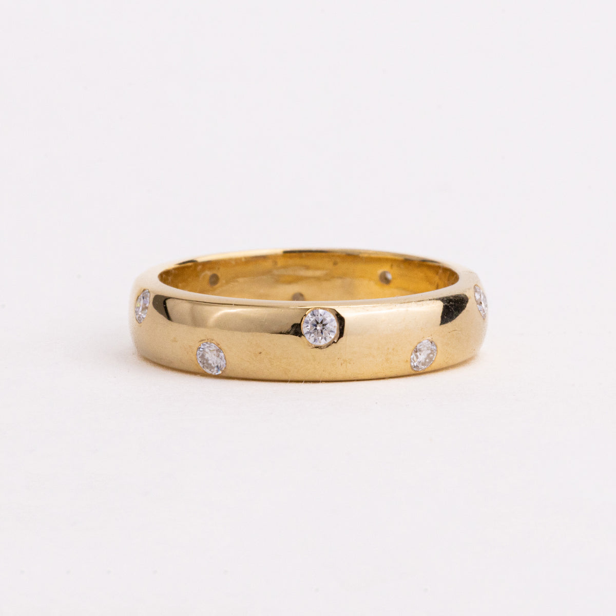 Scattered Round Lab Grown Diamond Wide Band, Flush Set Yellow Gold Cigar Ring