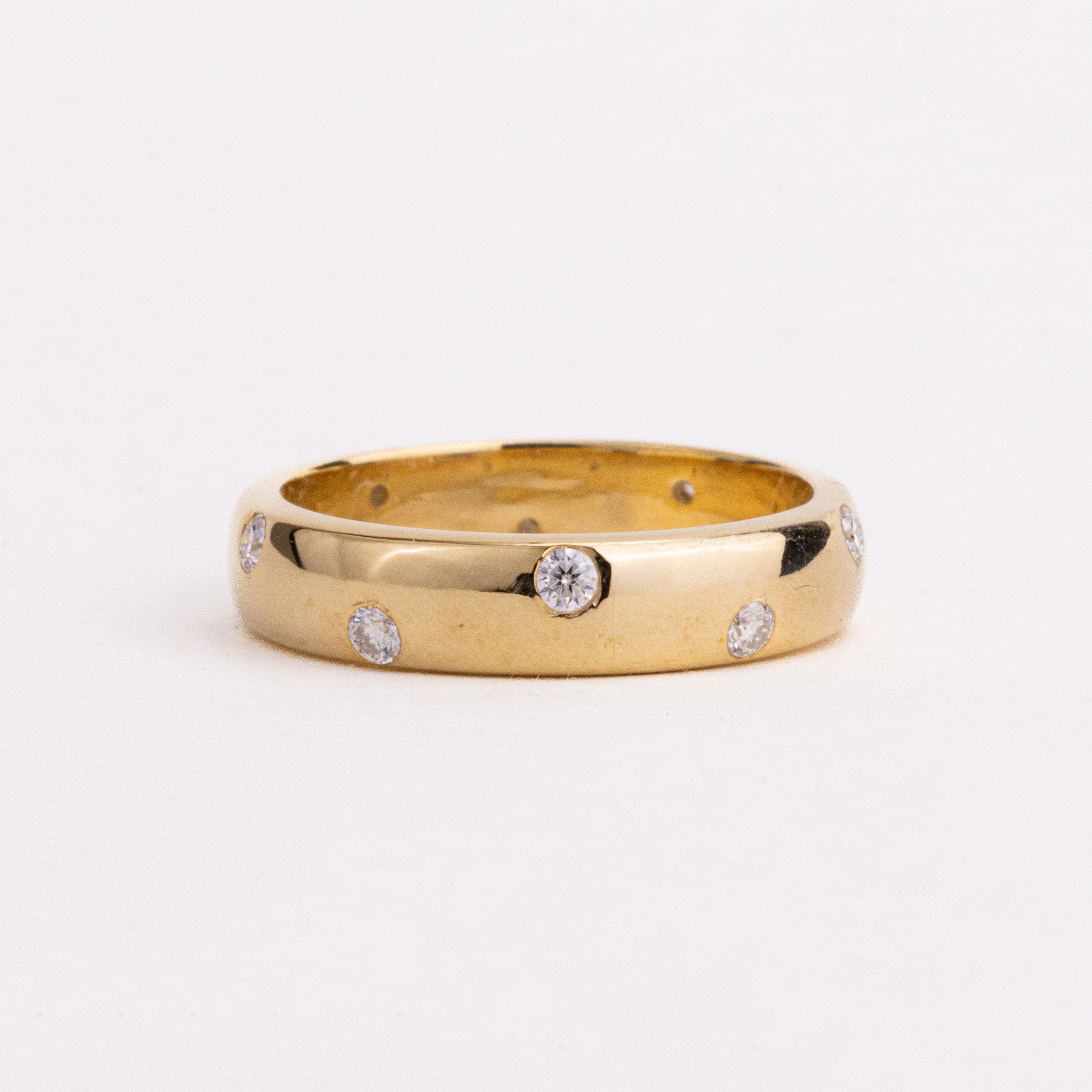Scattered Round Lab Grown Diamond Wide Band, Flush Set Yellow Gold Cigar Ring