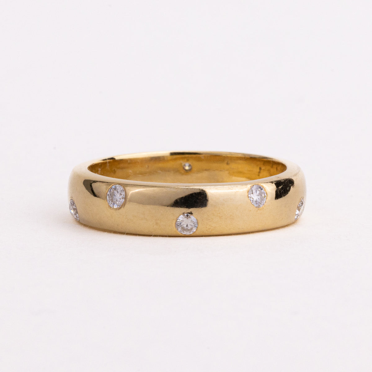 Scattered Round Lab Grown Diamond Wide Band, Flush Set Yellow Gold Cigar Ring
