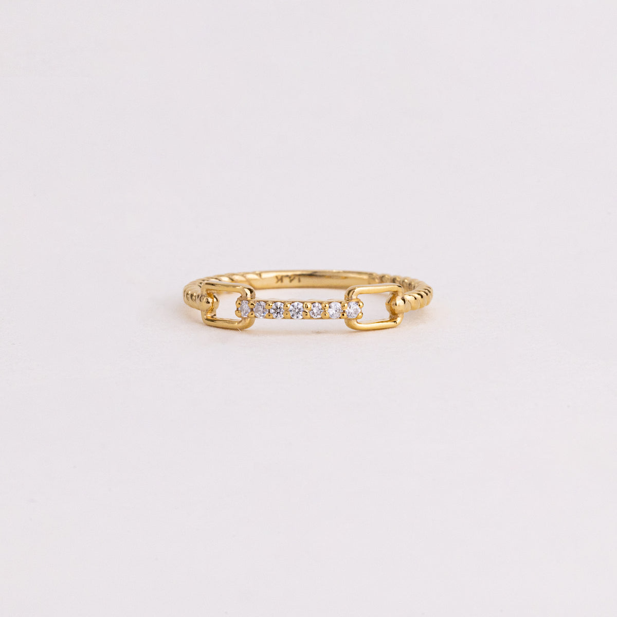Round Lab Grown Diamond Bar Ring, Yellow Gold Open Link Rope Band, Minimal Stackable Wedding Ring