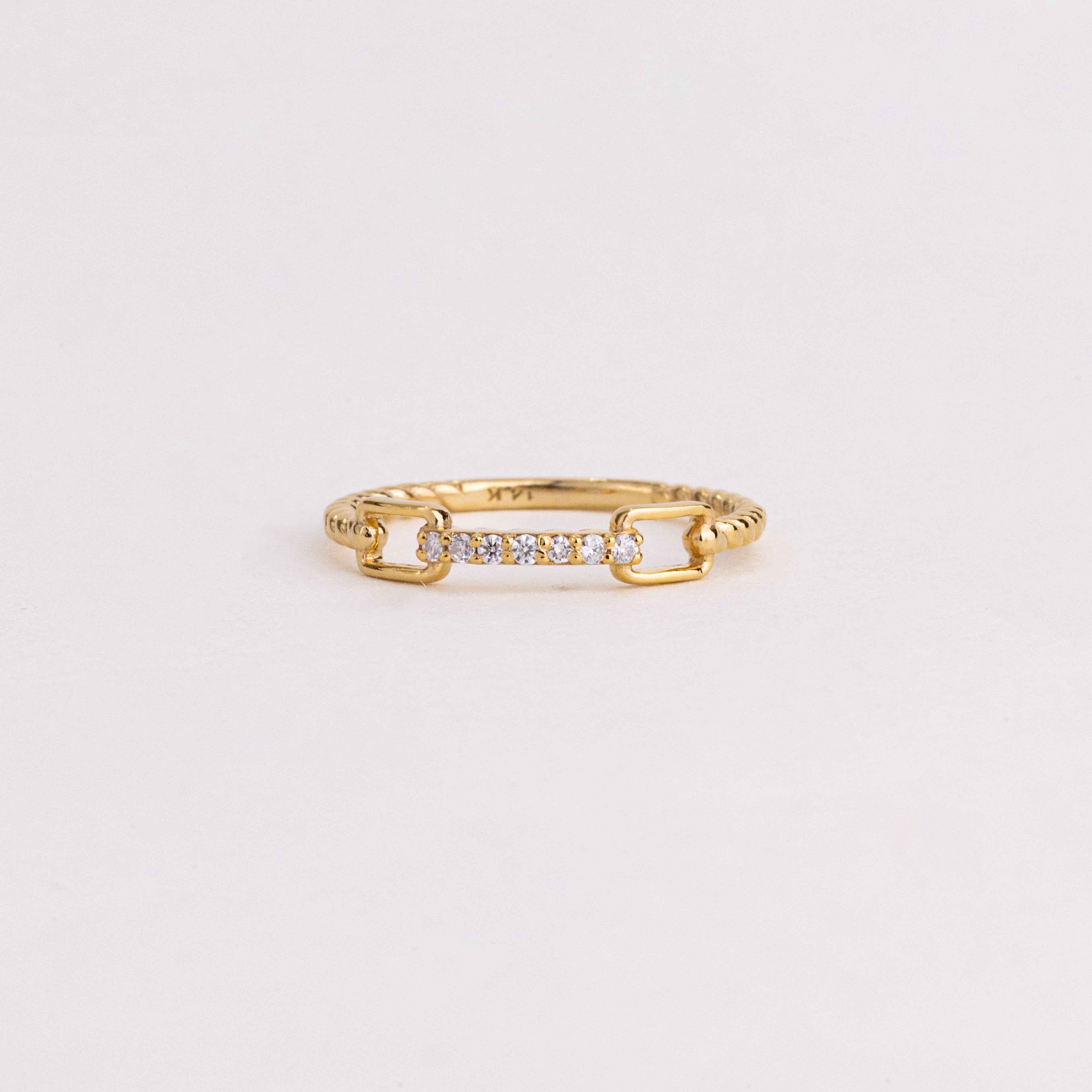 Round Lab Grown Diamond Bar Ring, Yellow Gold Open Link Rope Band, Minimal Stackable Wedding Ring
