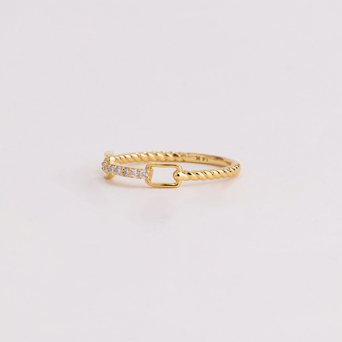 Round Lab Grown Diamond Bar Ring, Yellow Gold Open Link Rope Band, Minimal Stackable Wedding Ring