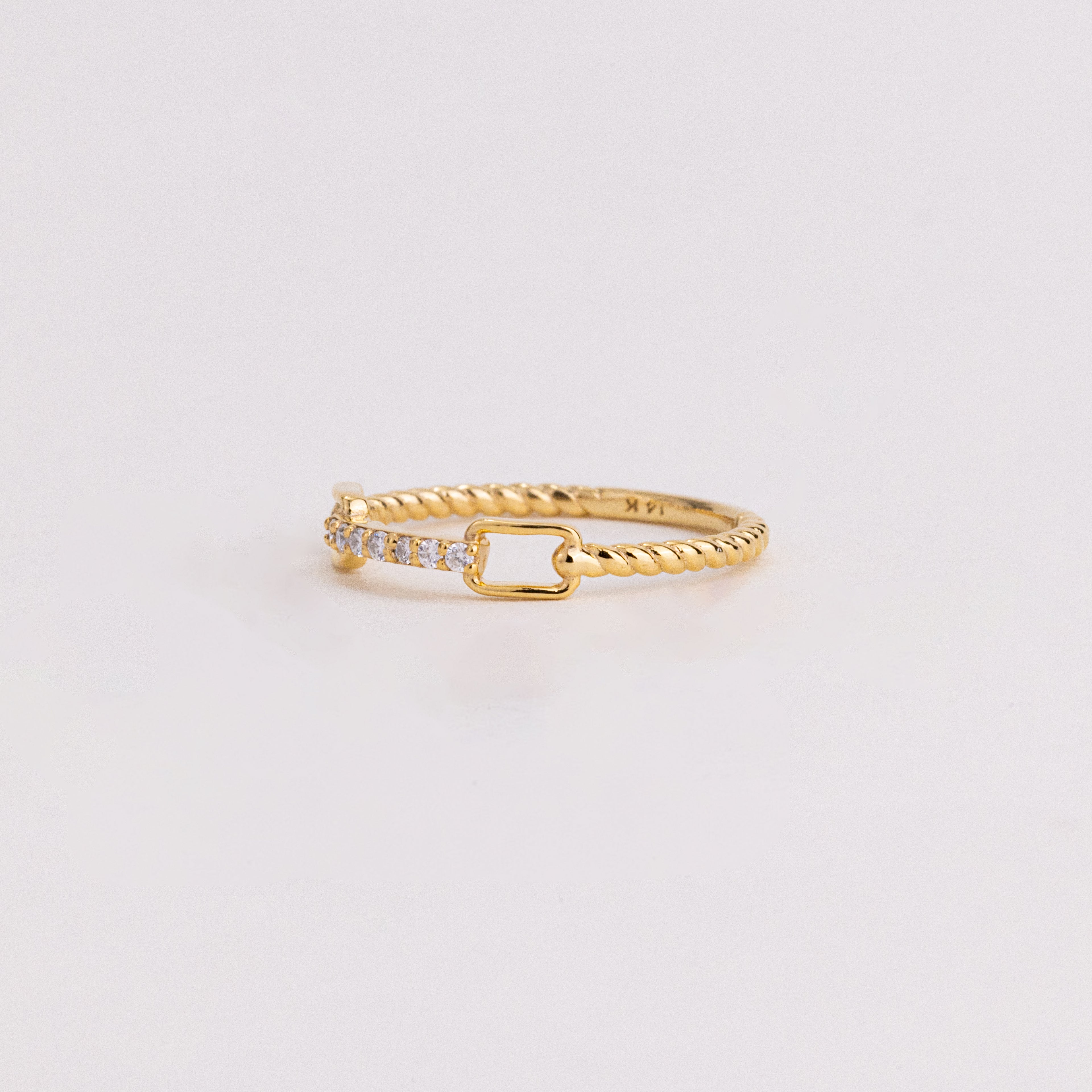Round Lab Grown Diamond Bar Ring, Yellow Gold Open Link Rope Band, Minimal Stackable Wedding Ring