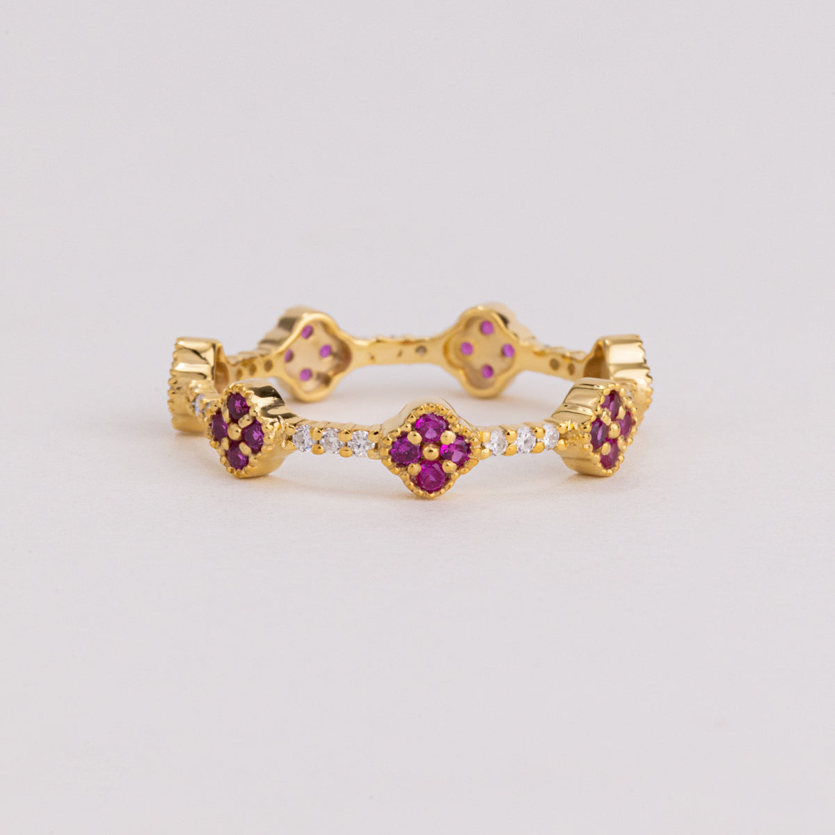 Ruby and Lab Grown Diamond Clover Eternity Band, Quatrefoil Floral Wedding Ring