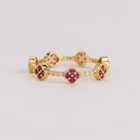 Ruby and Lab Grown Diamond Clover Eternity Band, Quatrefoil Floral Wedding Ring