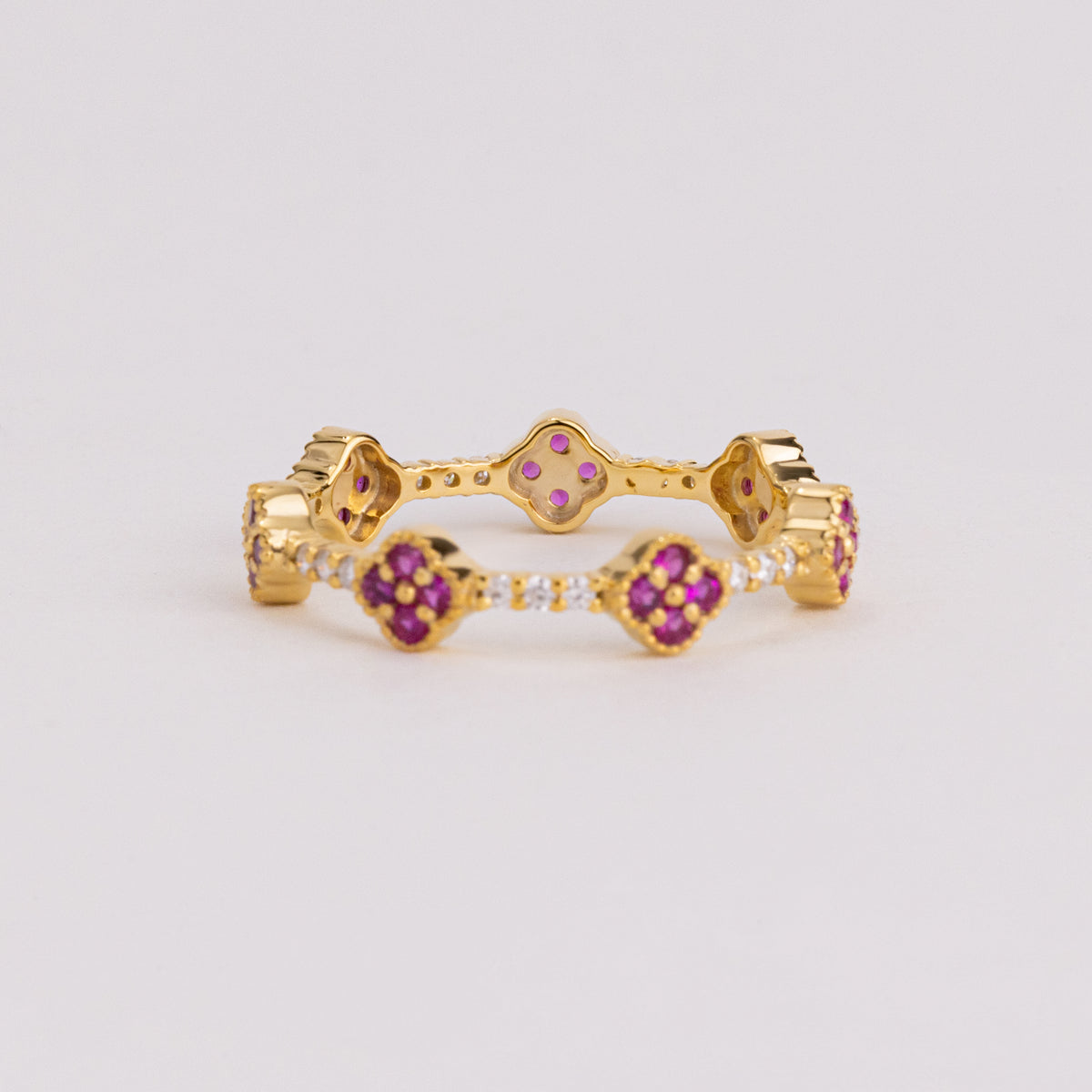 Ruby and Lab Grown Diamond Clover Eternity Band, Quatrefoil Floral Wedding Ring