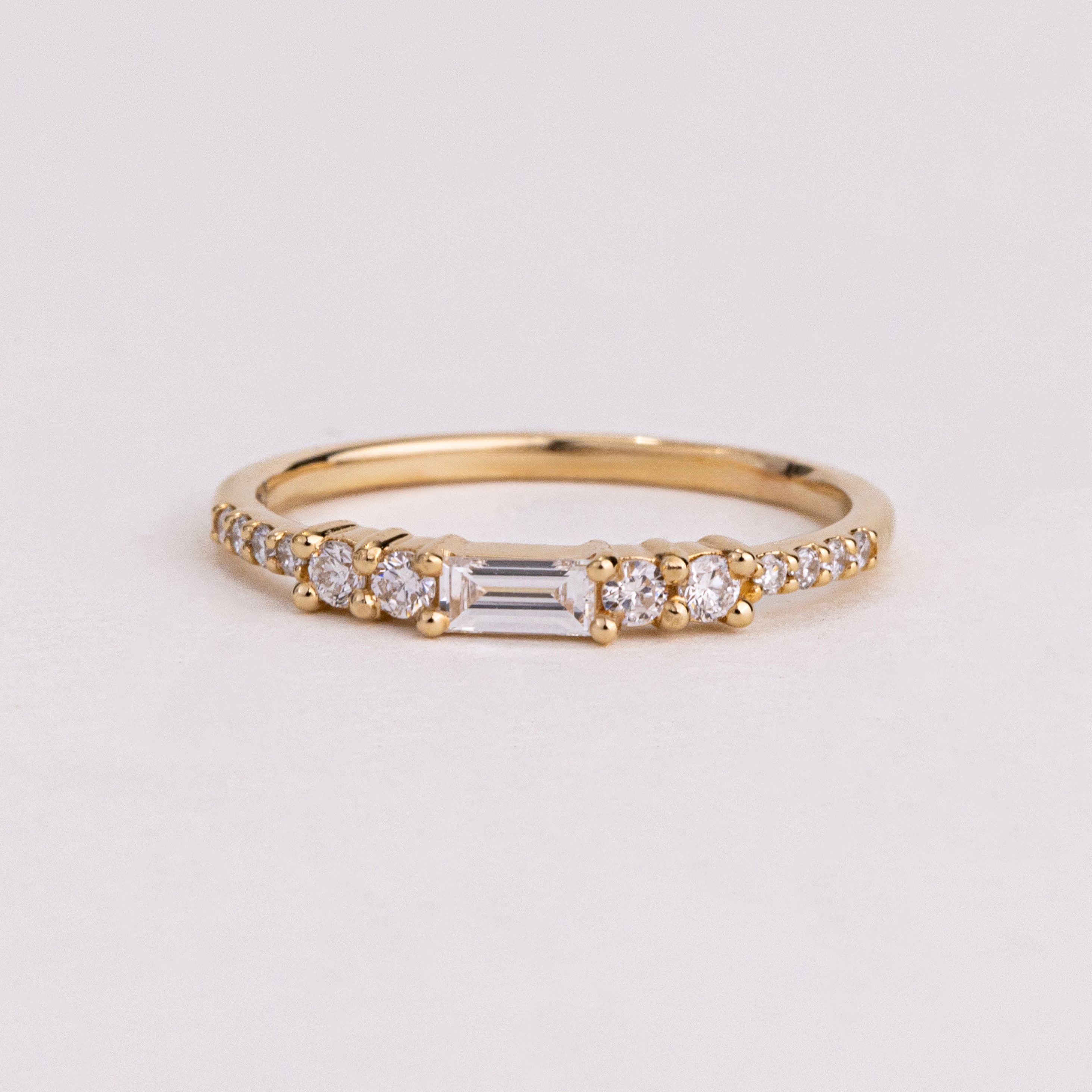 Horizontal Baguette and Round Lab Grown Diamond Wedding Band, Yellow Gold Stackable Ring