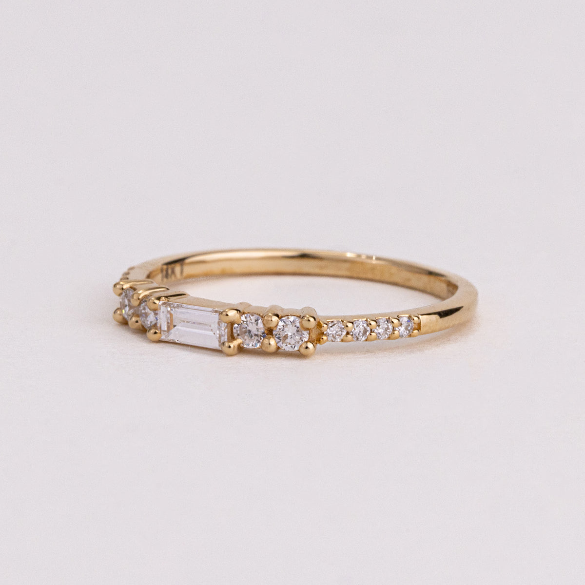 Horizontal Baguette and Round Lab Grown Diamond Wedding Band, Yellow Gold Stackable Ring