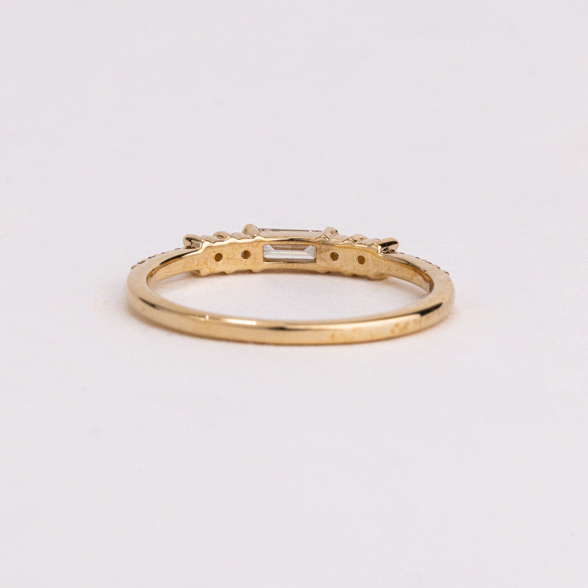 Horizontal Baguette and Round Lab Grown Diamond Wedding Band, Yellow Gold Stackable Ring