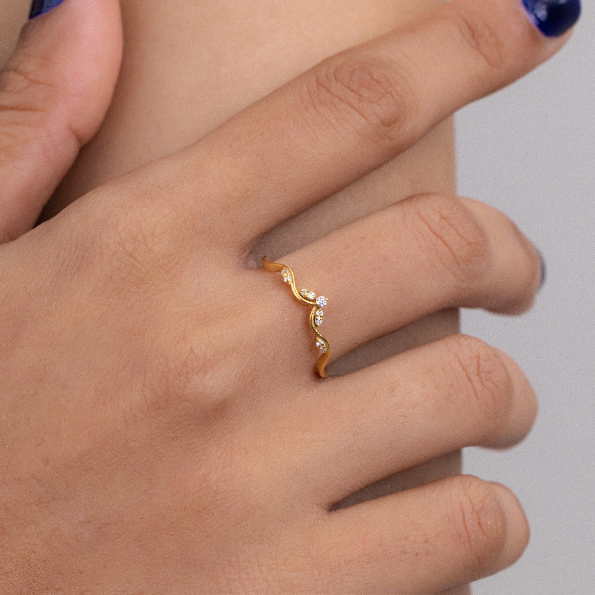 Curved Vine Lab Grown Diamond Wedding Band, Nature Inspired Leaf Ring