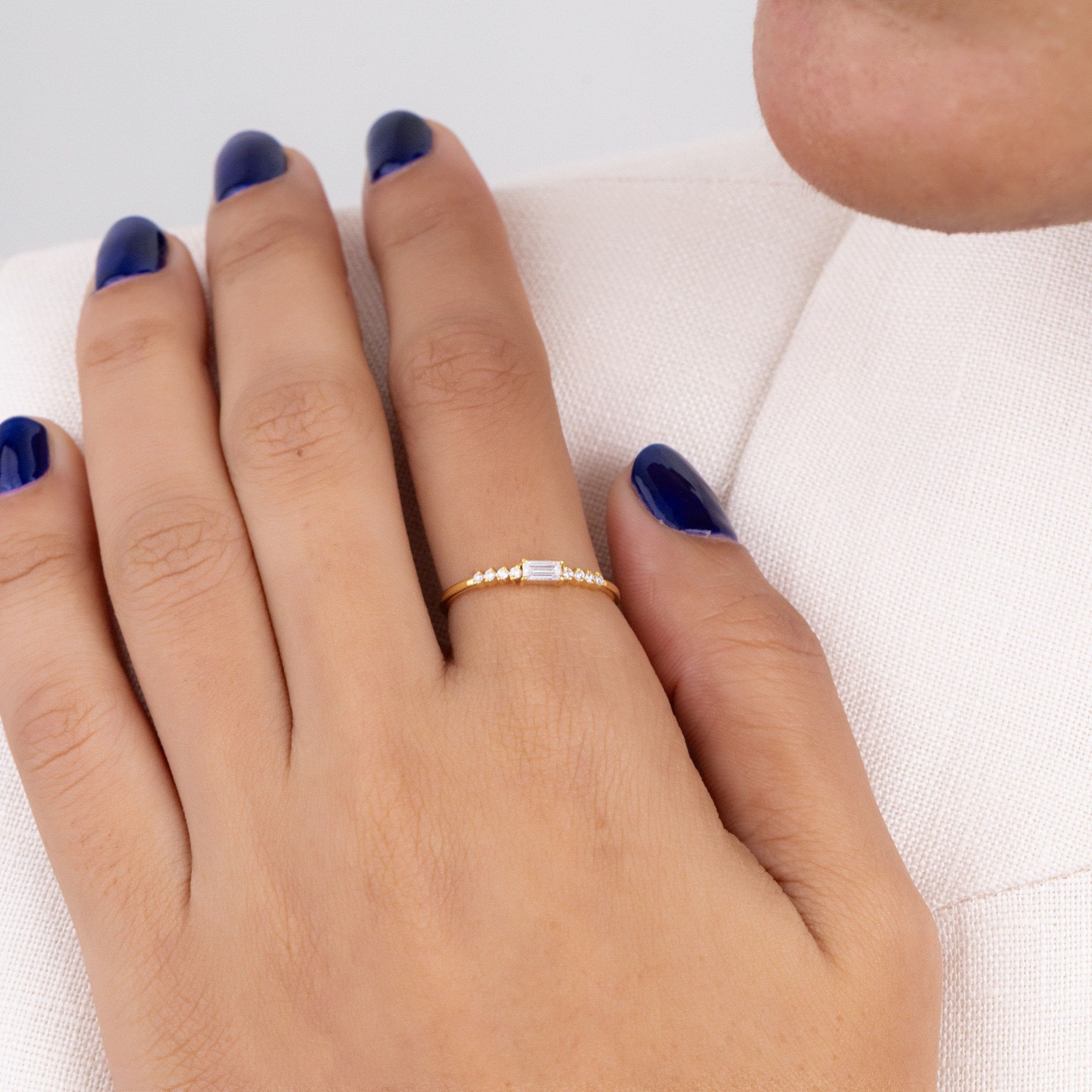 East West Emerald Cut Lab Grown Diamond Ring, Graduated Round Diamond Band