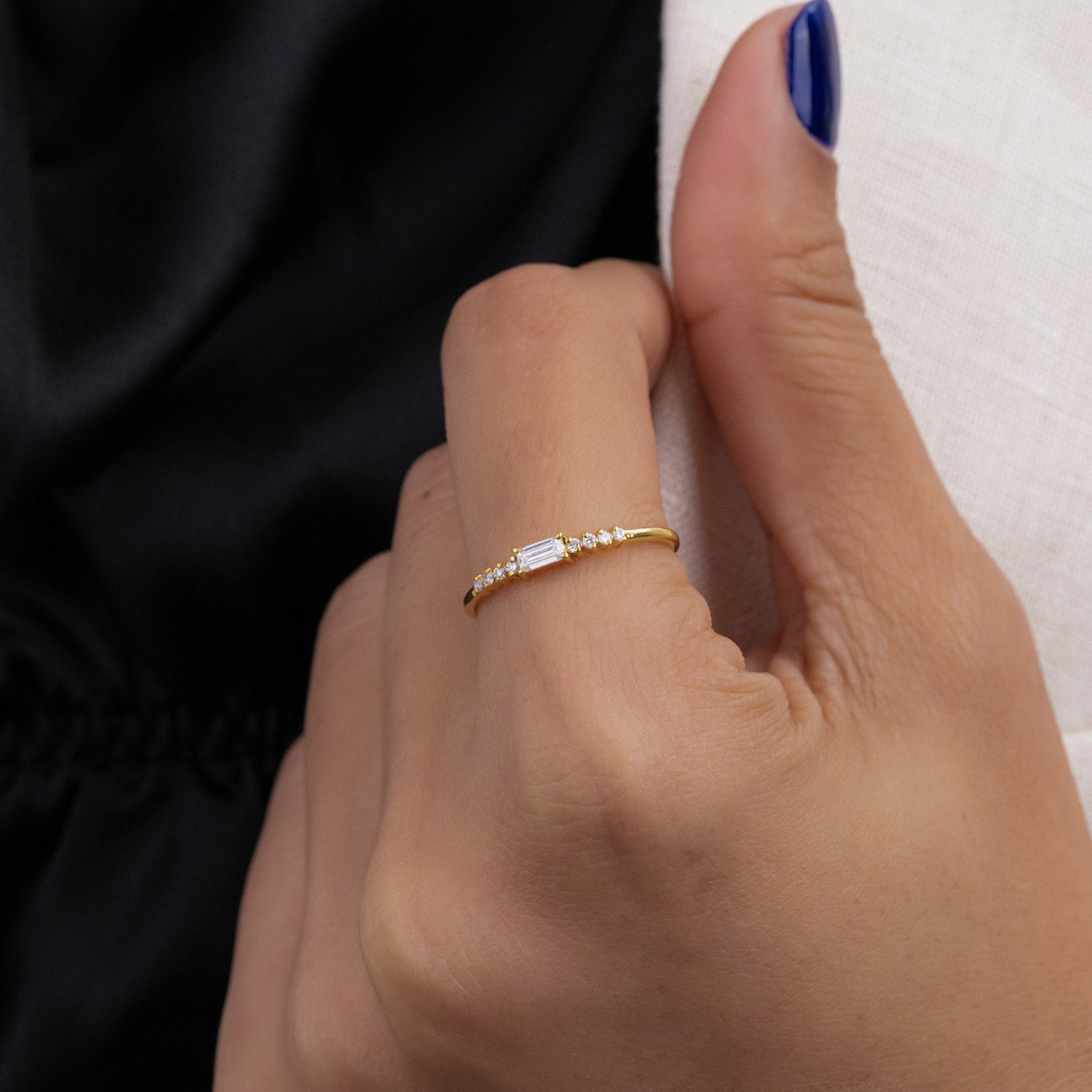 East West Emerald Cut Lab Grown Diamond Ring, Graduated Round Diamond Band