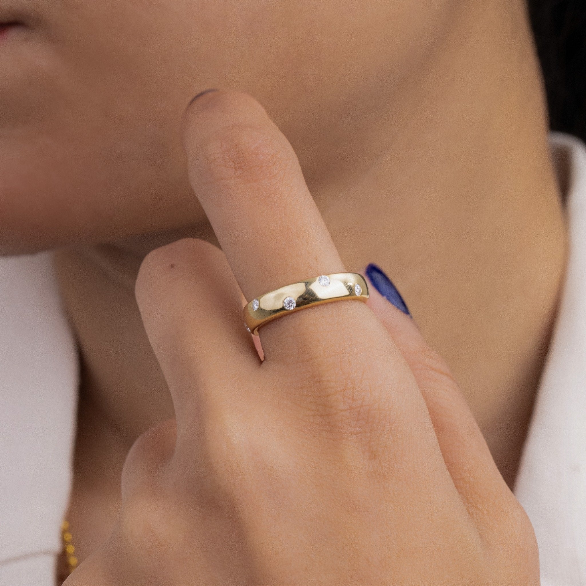 Scattered Round Lab Grown Diamond Wide Band, Flush Set Yellow Gold Cigar Ring