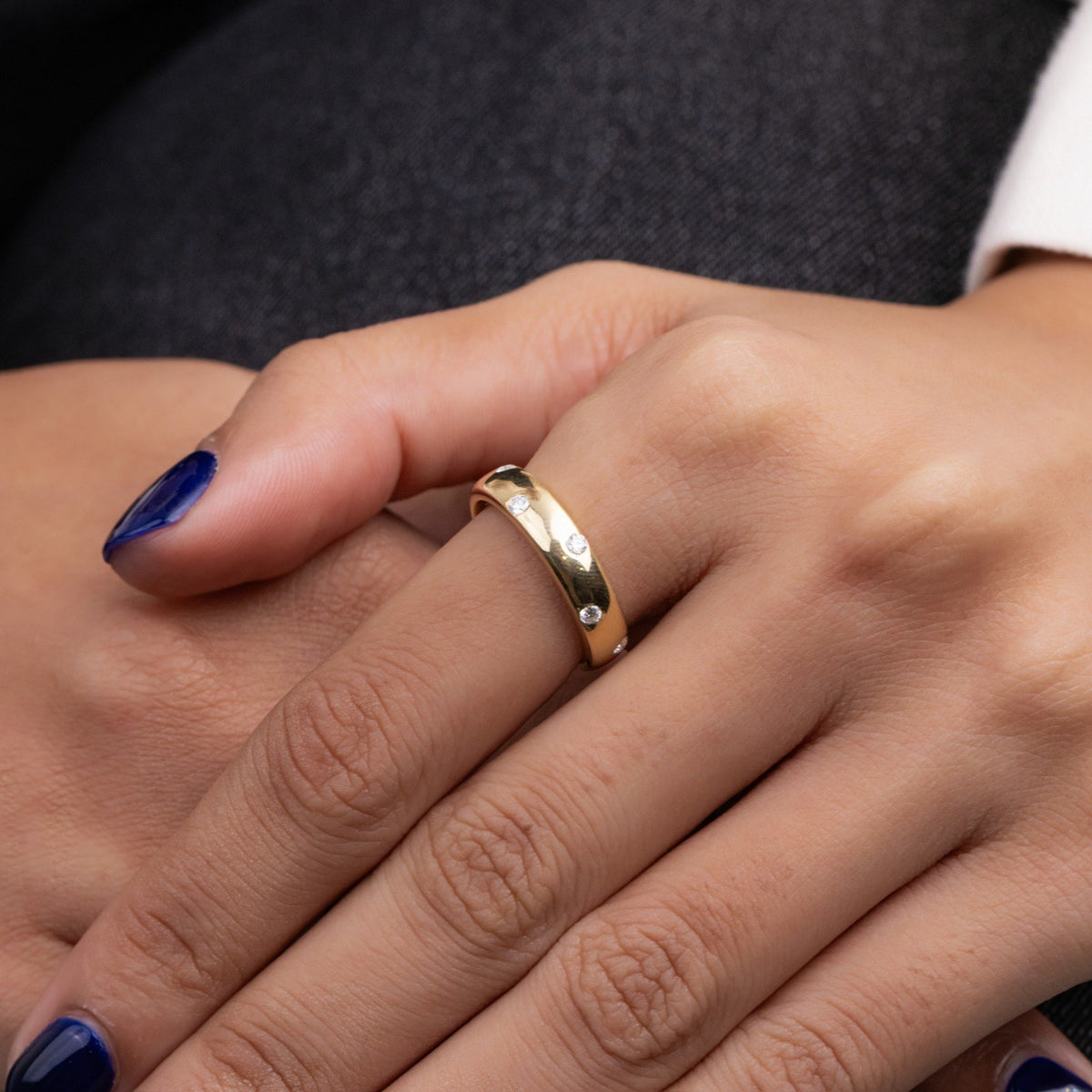 Scattered Round Lab Grown Diamond Wide Band, Flush Set Yellow Gold Cigar Ring