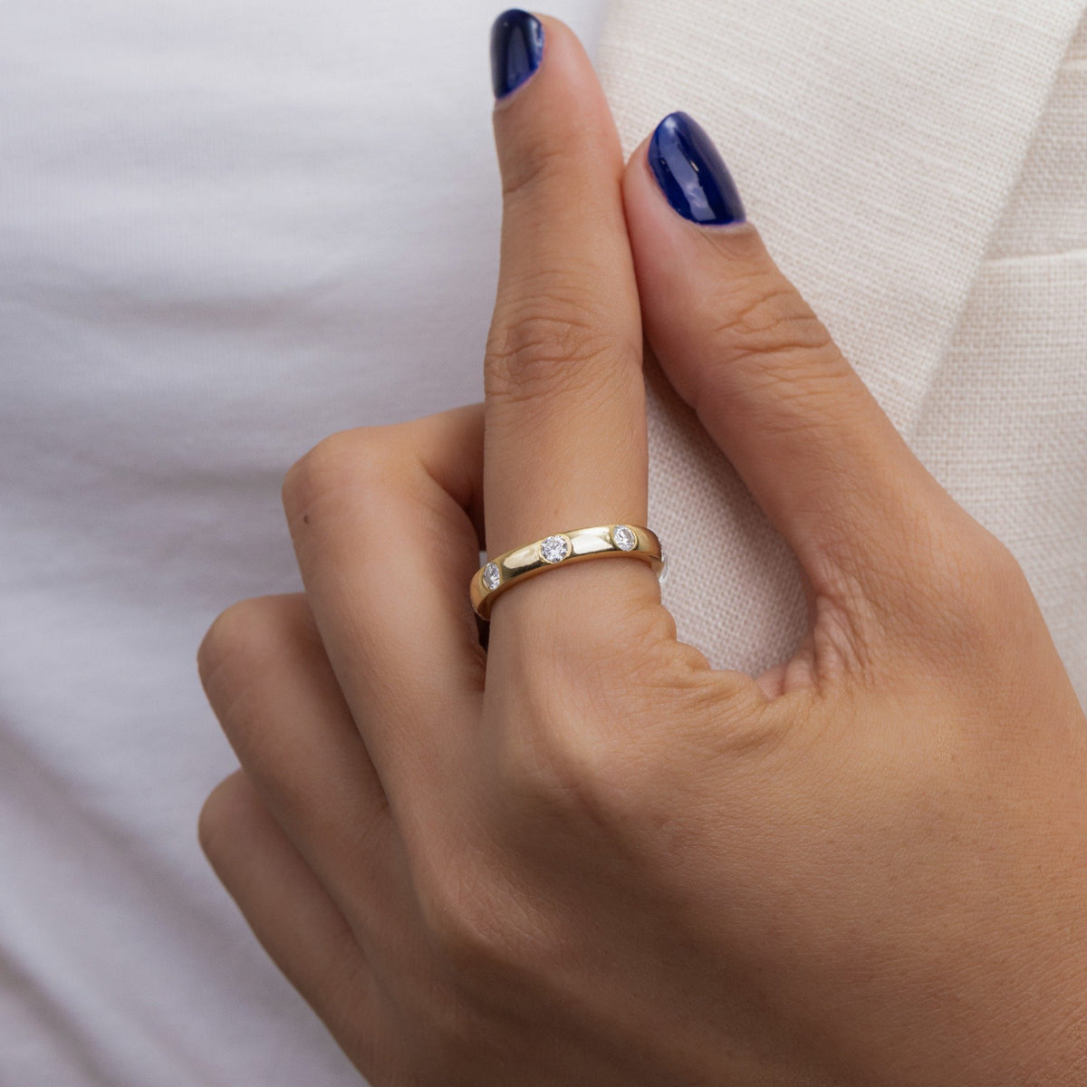 Flush Set Round Lab Grown Diamond Wedding Band, Wide Yellow Gold Ring