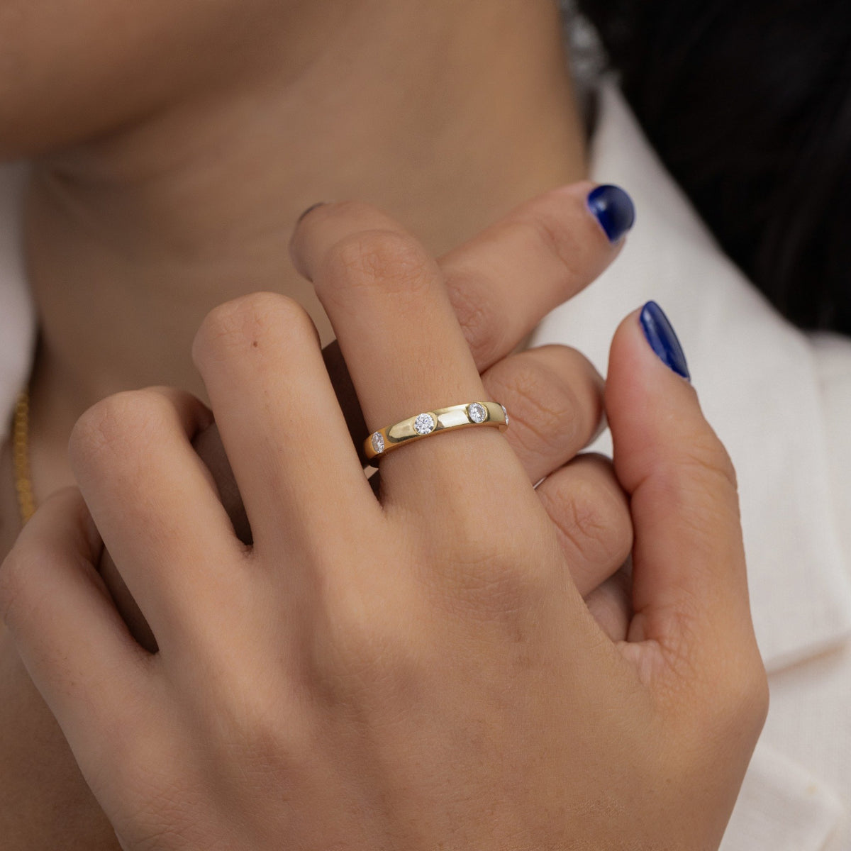 Flush Set Round Lab Grown Diamond Wedding Band, Wide Yellow Gold Ring