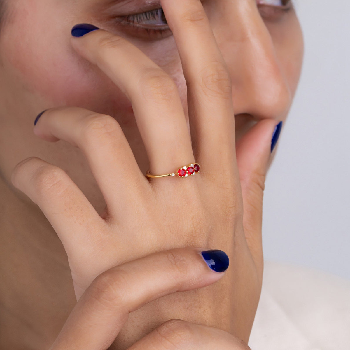 Round Ruby and Lab Grown Diamond Three Stone Ring