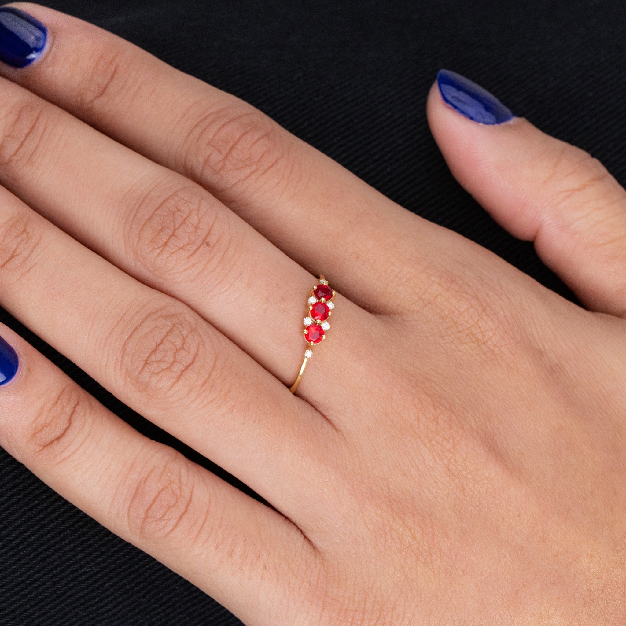 Round Ruby and Lab Grown Diamond Three Stone Ring