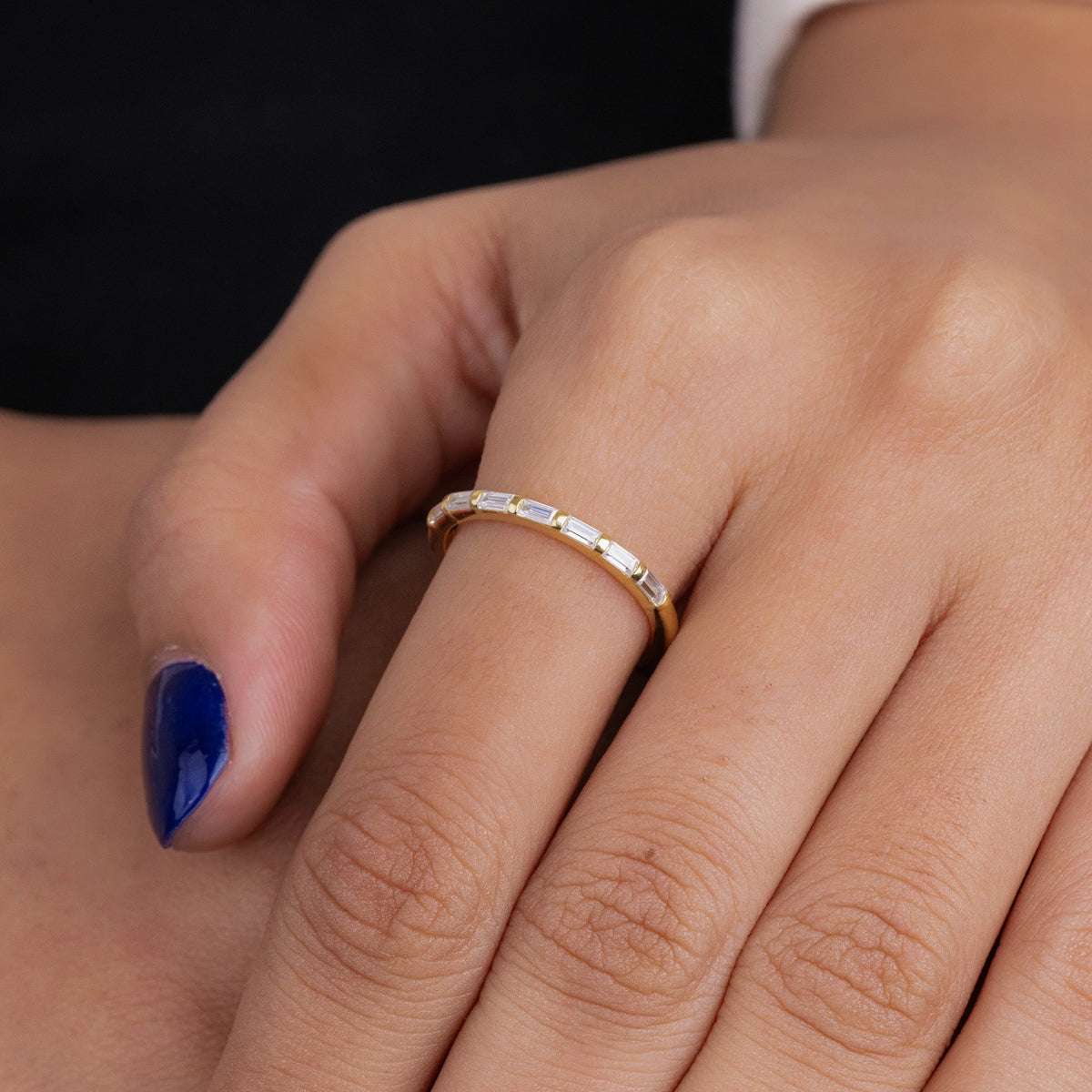 Baguette Cut Lab Grown Diamond Wedding Band, Minimal Yellow Gold Half Eternity Ring