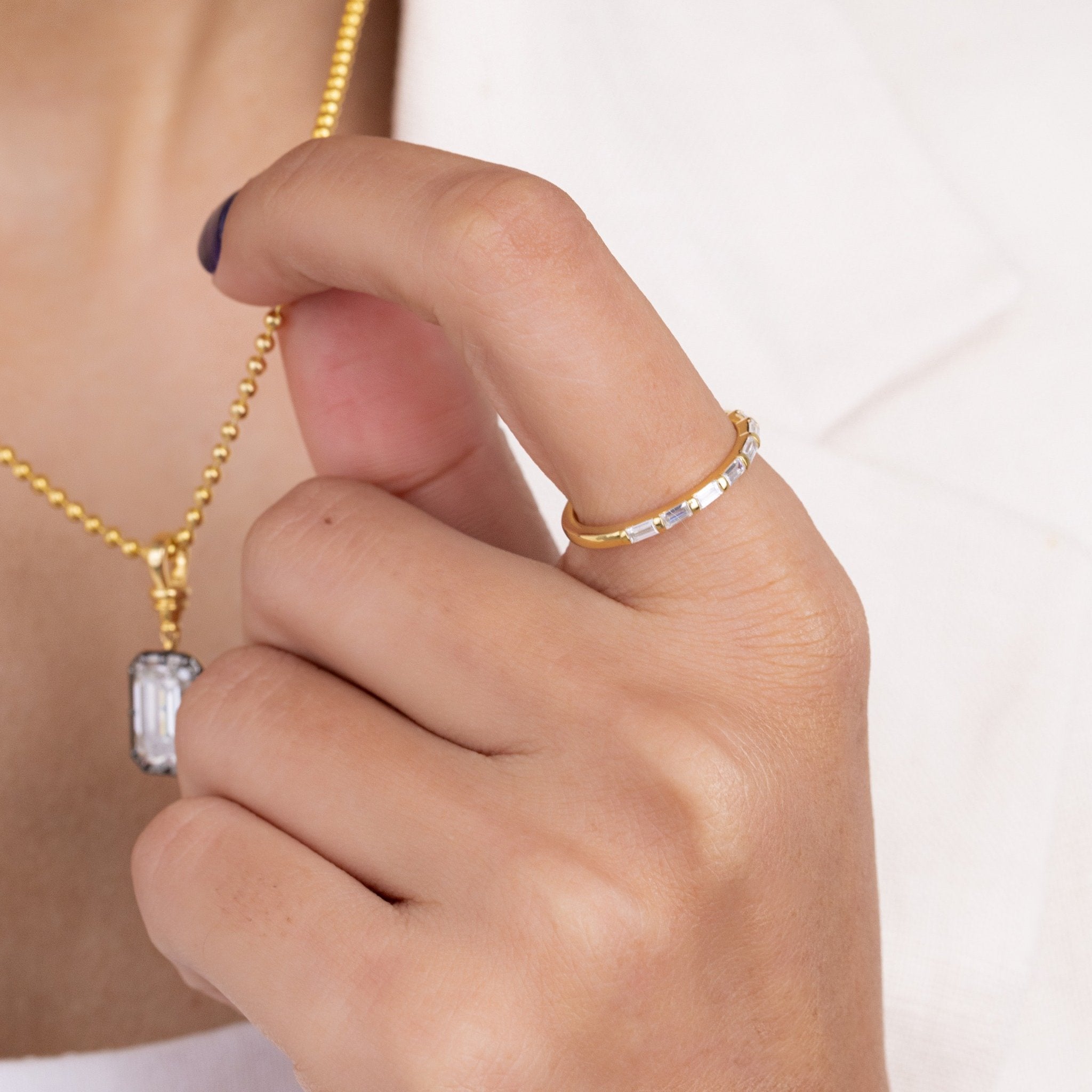 Baguette Cut Lab Grown Diamond Wedding Band, Minimal Yellow Gold Half Eternity Ring