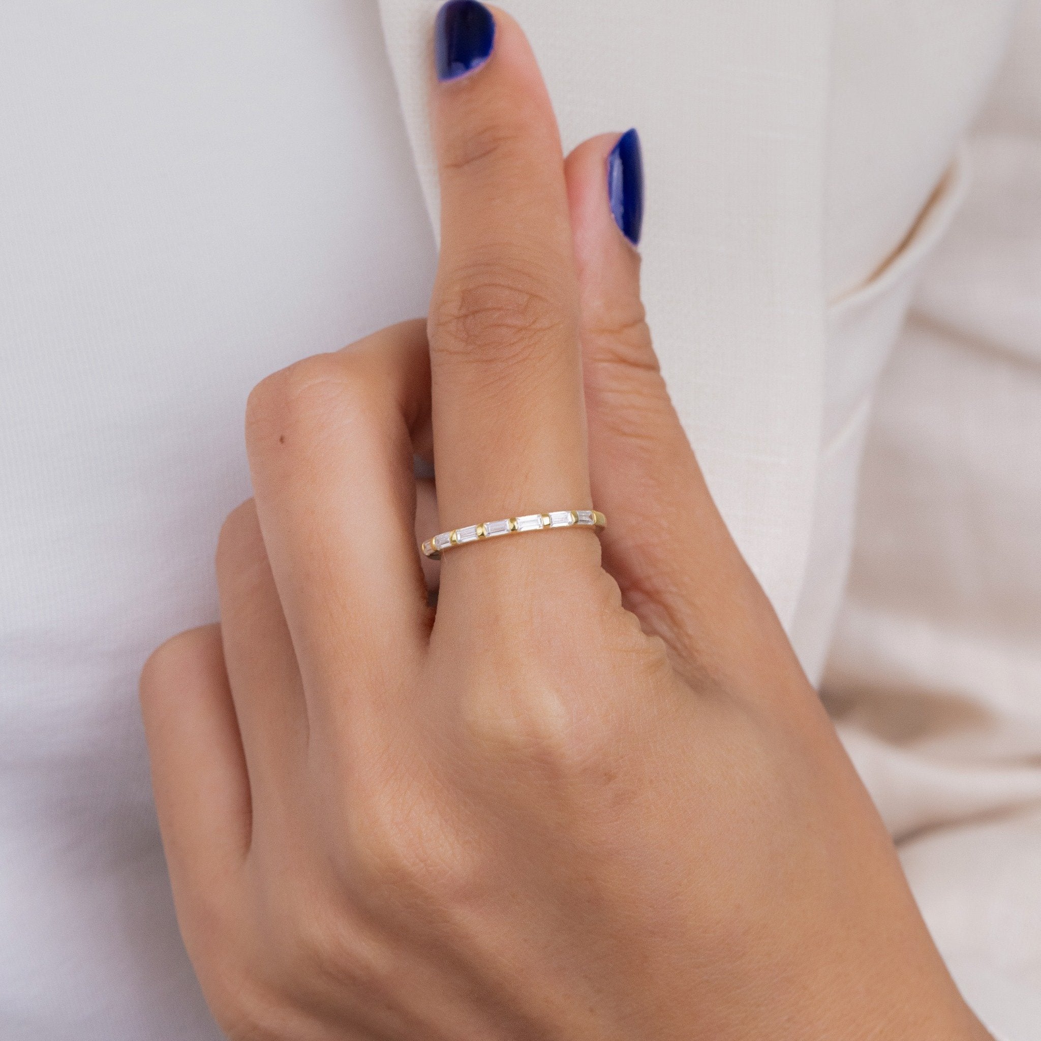 Baguette Cut Lab Grown Diamond Wedding Band, Minimal Yellow Gold Half Eternity Ring