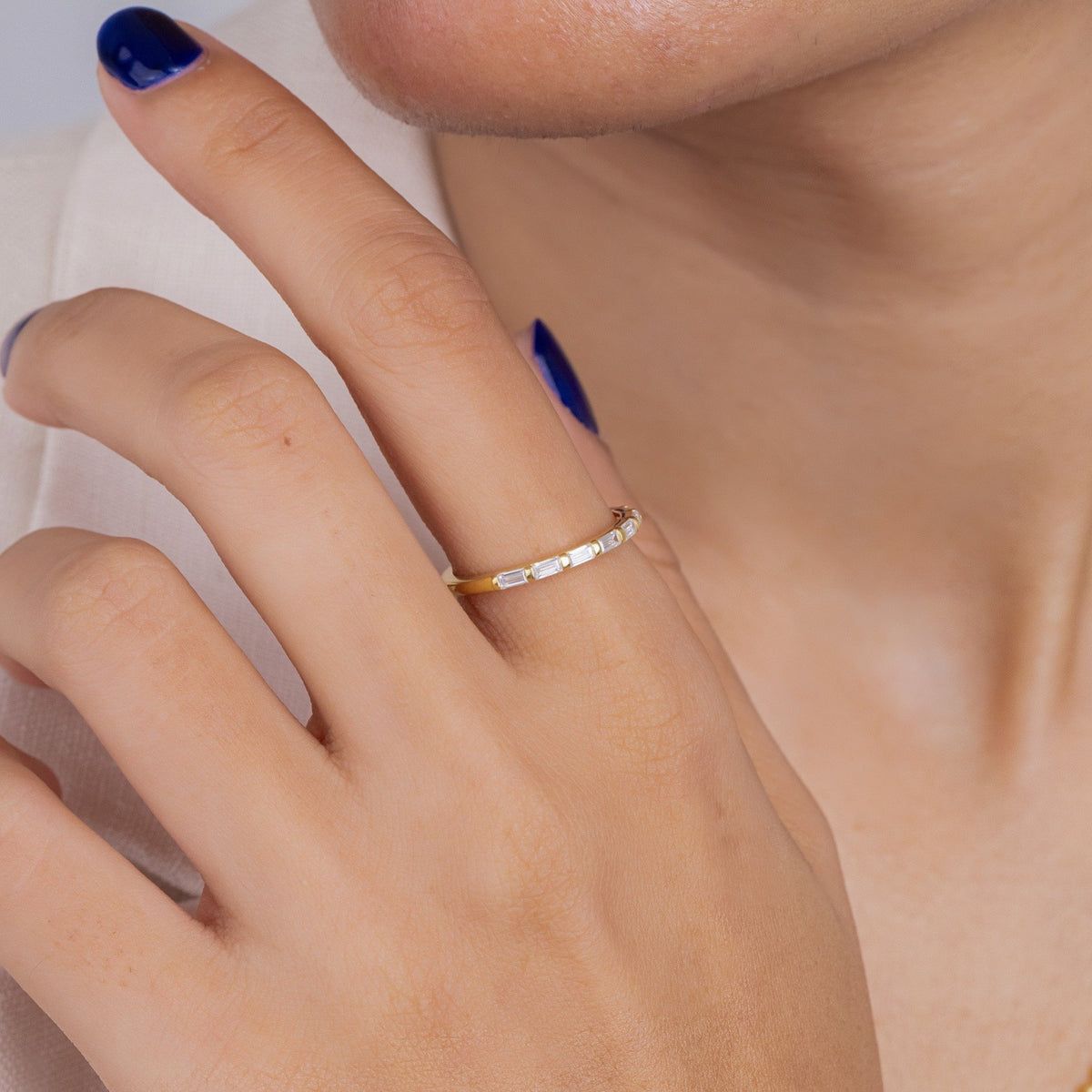 Baguette Cut Lab Grown Diamond Wedding Band, Minimal Yellow Gold Half Eternity Ring