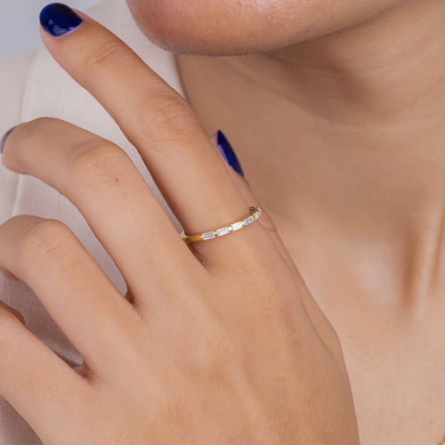 Baguette Cut Lab Grown Diamond Wedding Band, Minimal Yellow Gold Half Eternity Ring
