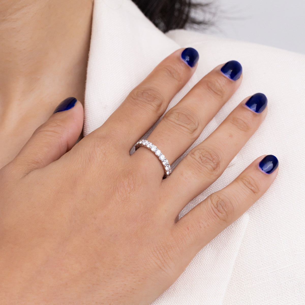Round Lab Grown Diamond Eternity Band, Shared Prong White Gold Wedding Ring
