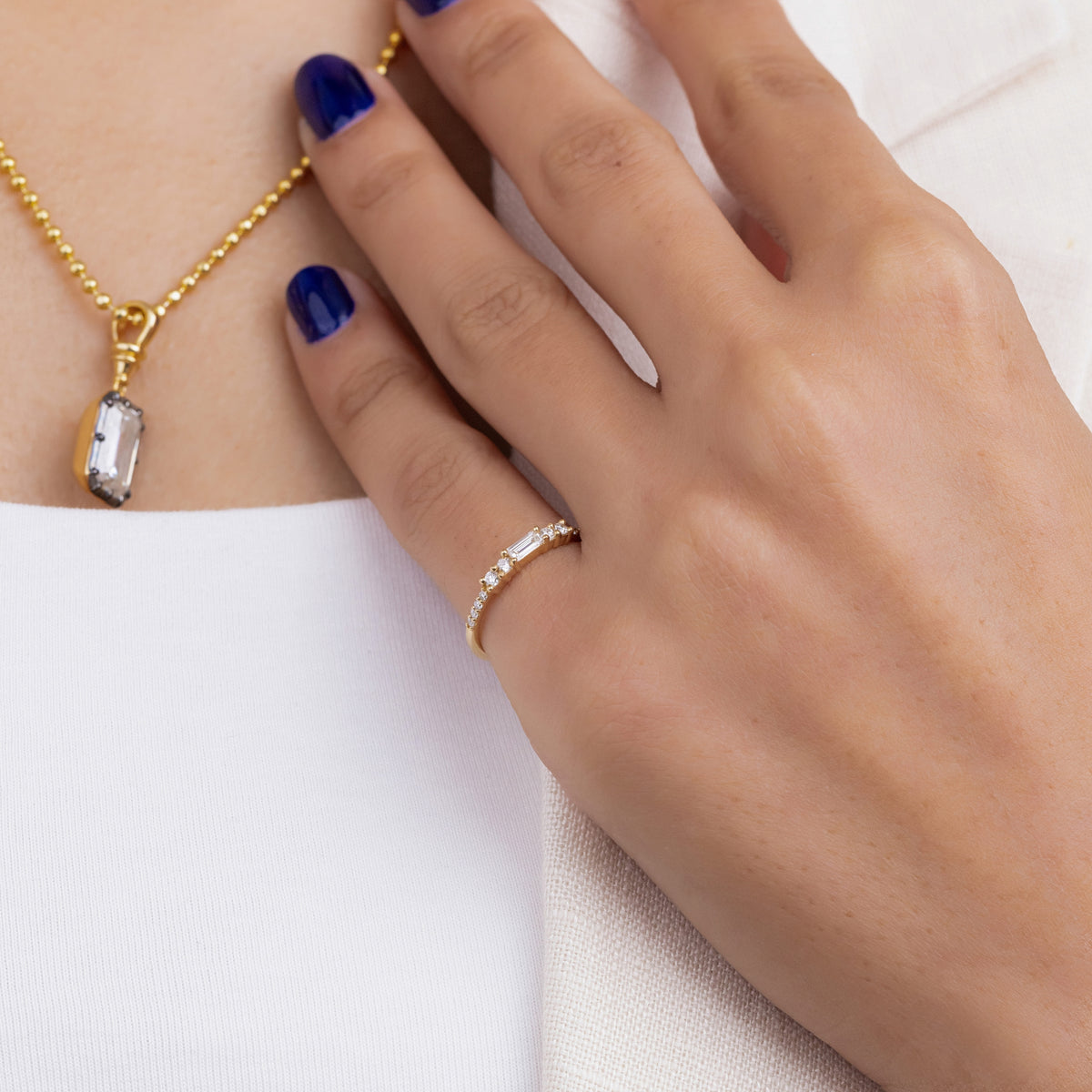 Horizontal Baguette and Round Lab Grown Diamond Wedding Band, Yellow Gold Stackable Ring