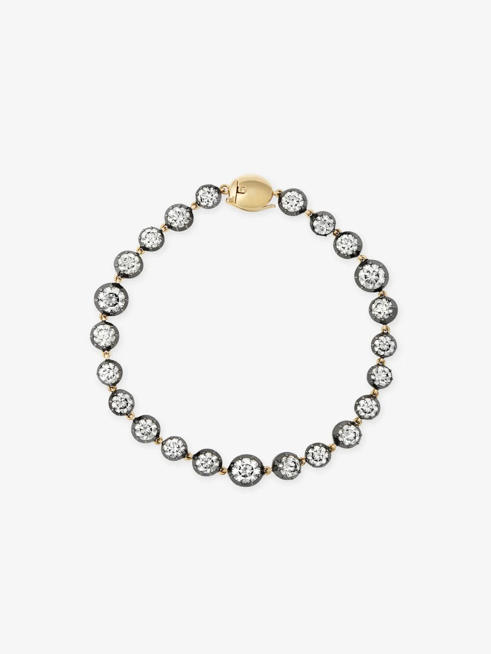 Round Cut Diamond Blackened Gold Collet Tennis Bracelet, Vintage Georgian Style Yellow Gold Diamond Line Bracelet