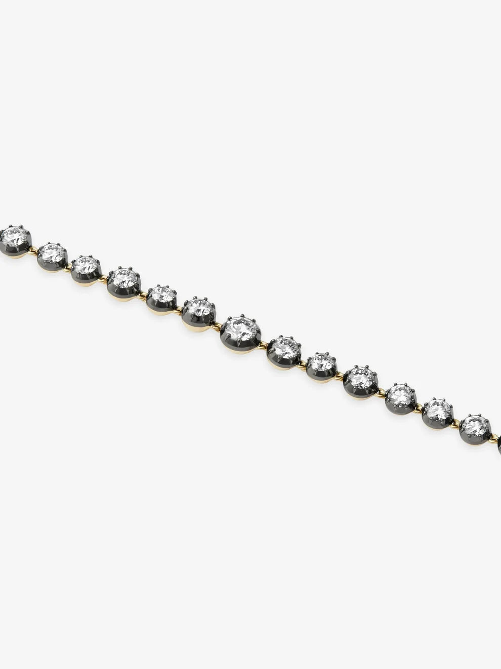 Round Cut Diamond Blackened Gold Collet Tennis Bracelet, Vintage Georgian Style Yellow Gold Diamond Line Bracelet