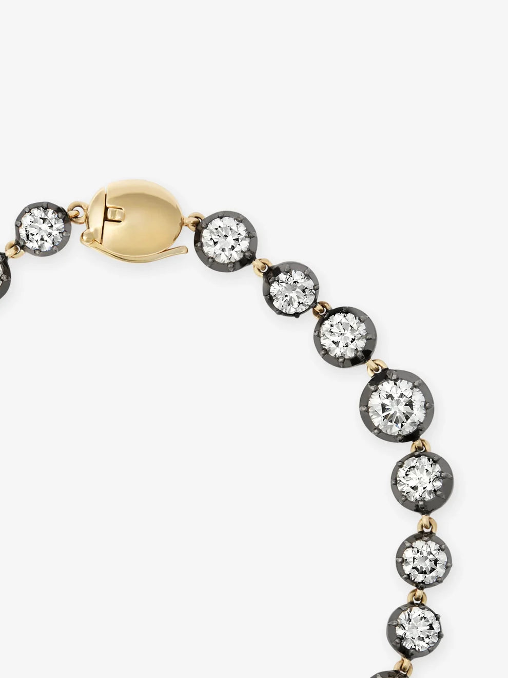 Round Cut Diamond Blackened Gold Collet Tennis Bracelet, Vintage Georgian Style Yellow Gold Diamond Line Bracelet