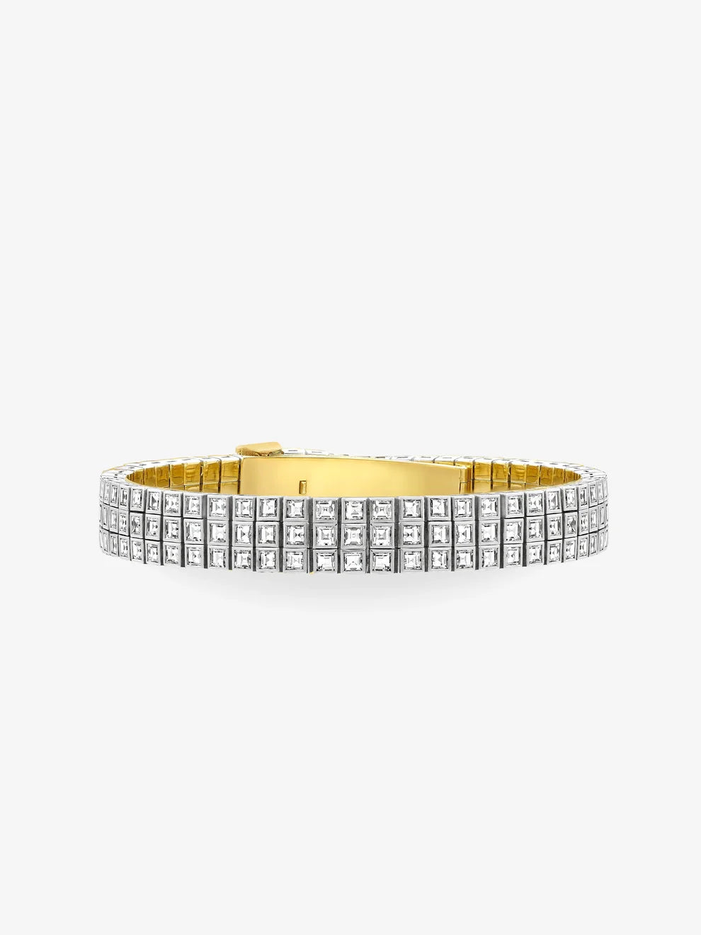Three-Row Princess Cut Diamond Bezel Tennis Bracelet, Yellow Gold Geometric Grid Line Bracelet