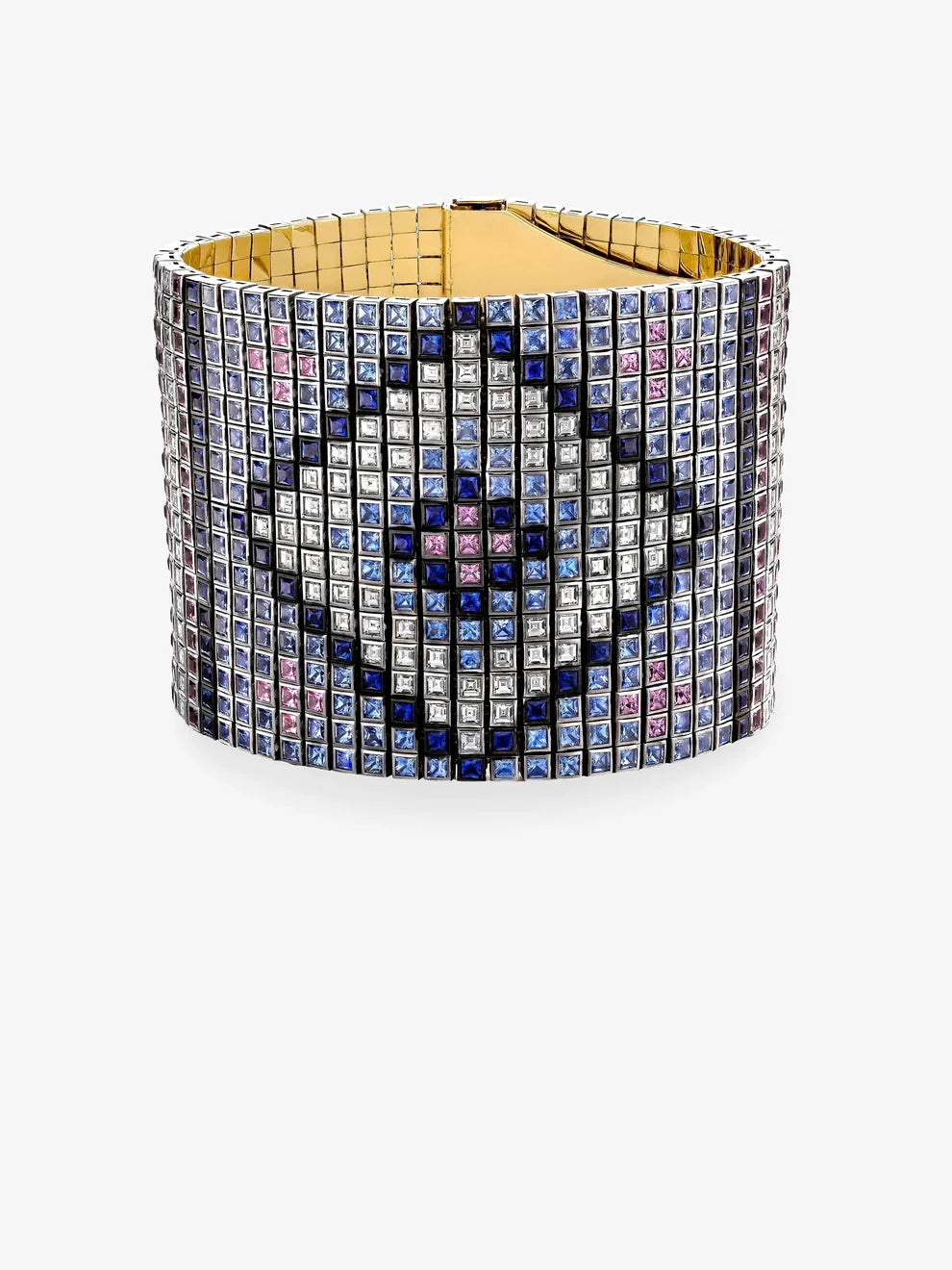 Multicolor Sapphire and Diamond Smiley Face Wide Bezel Cuff Bracelet, Yellow Gold Pixel Mosaic Tennis Bracelet
