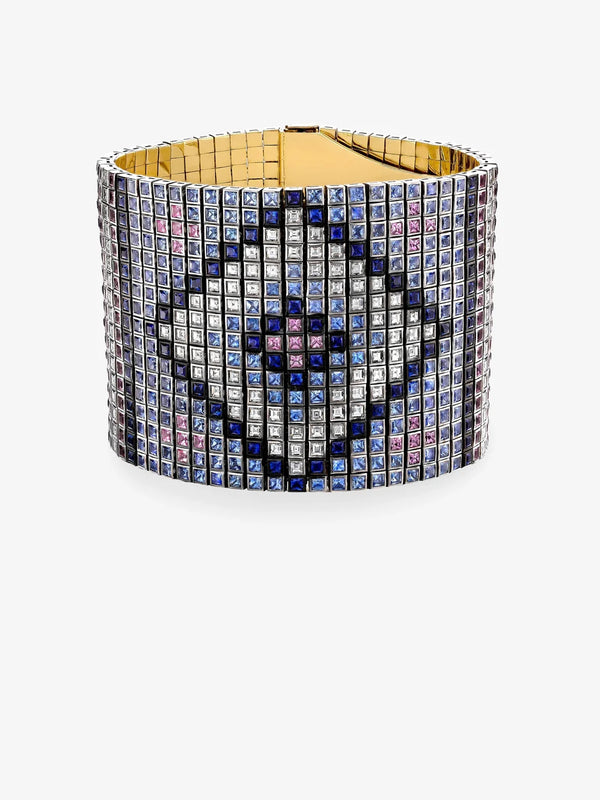 Multicolor Sapphire and Diamond Smiley Face Wide Bezel Cuff Bracelet, Yellow Gold Pixel Mosaic Tennis Bracelet
