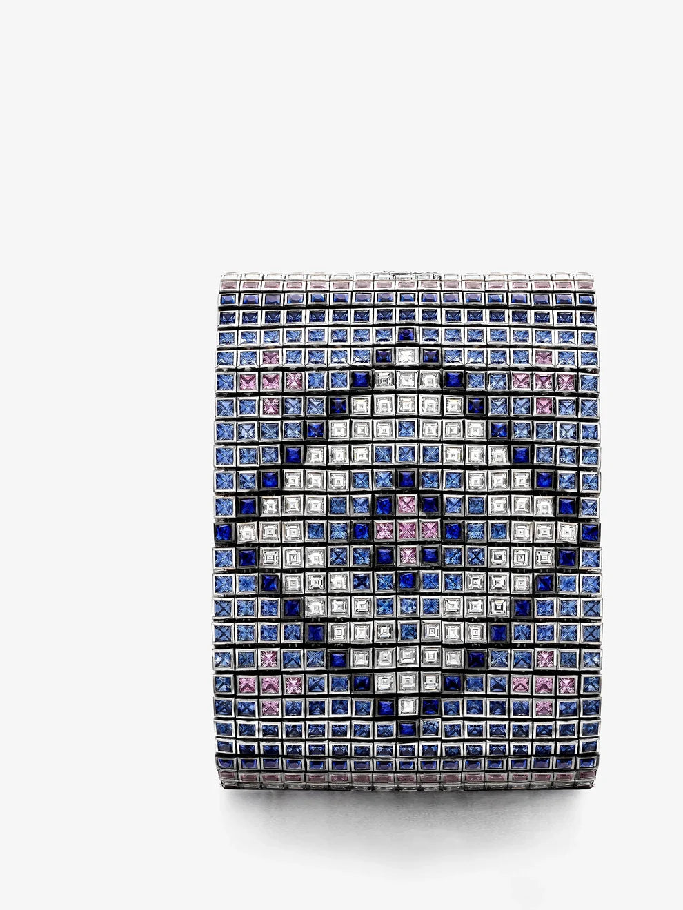 Multicolor Sapphire and Diamond Smiley Face Wide Bezel Cuff Bracelet, Yellow Gold Pixel Mosaic Tennis Bracelet