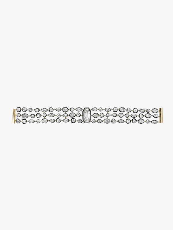 Hexagon Cut Lab Grown Diamond Three-Strand Bracelet, Two-Tone Gold Collet Set Multi-Shape Diamond Bracelet