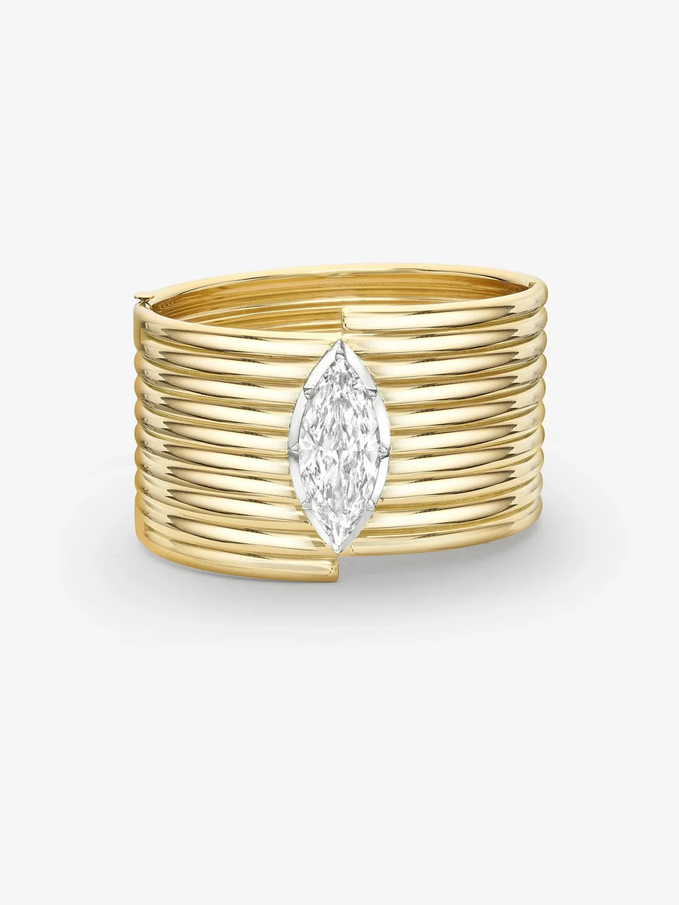 Marquise Cut Diamond Multi-Row Ribbed Cuff Bracelet, Yellow Gold Wide Grooved Bangle, Modern Statement Marquise Diamond Bracelet