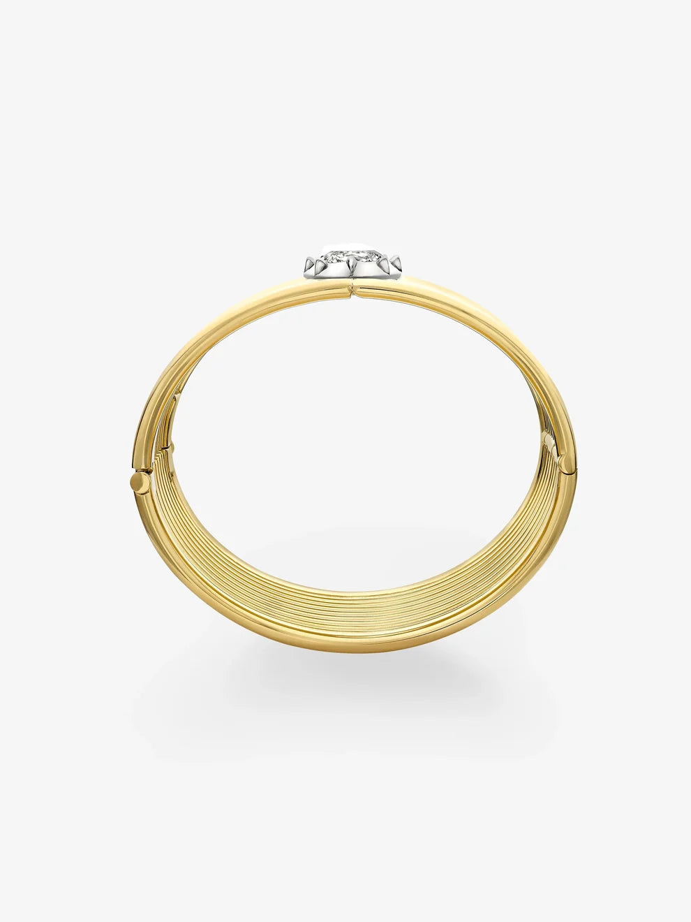 Marquise Cut Diamond Multi-Row Ribbed Cuff Bracelet, Yellow Gold Wide Grooved Bangle, Modern Statement Marquise Diamond Bracelet